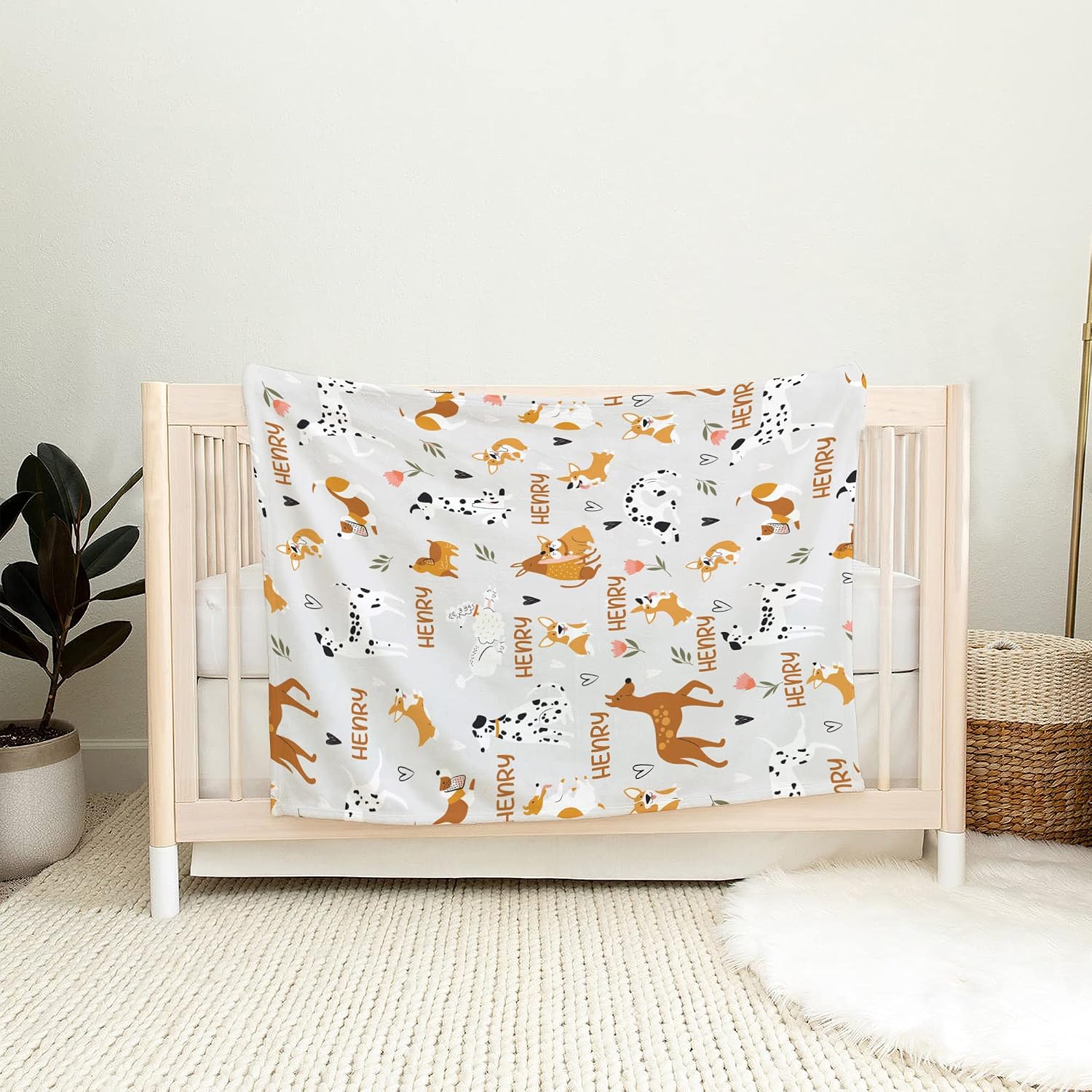 Personalized Deer Fox Dalmatian Blanket with Woodland Animals, Custom Deer Fox Dalmatian Nursery Decor, Soft Plush Name Throw for Crib or Stroller, Unique Forest Critters Newborn Gift