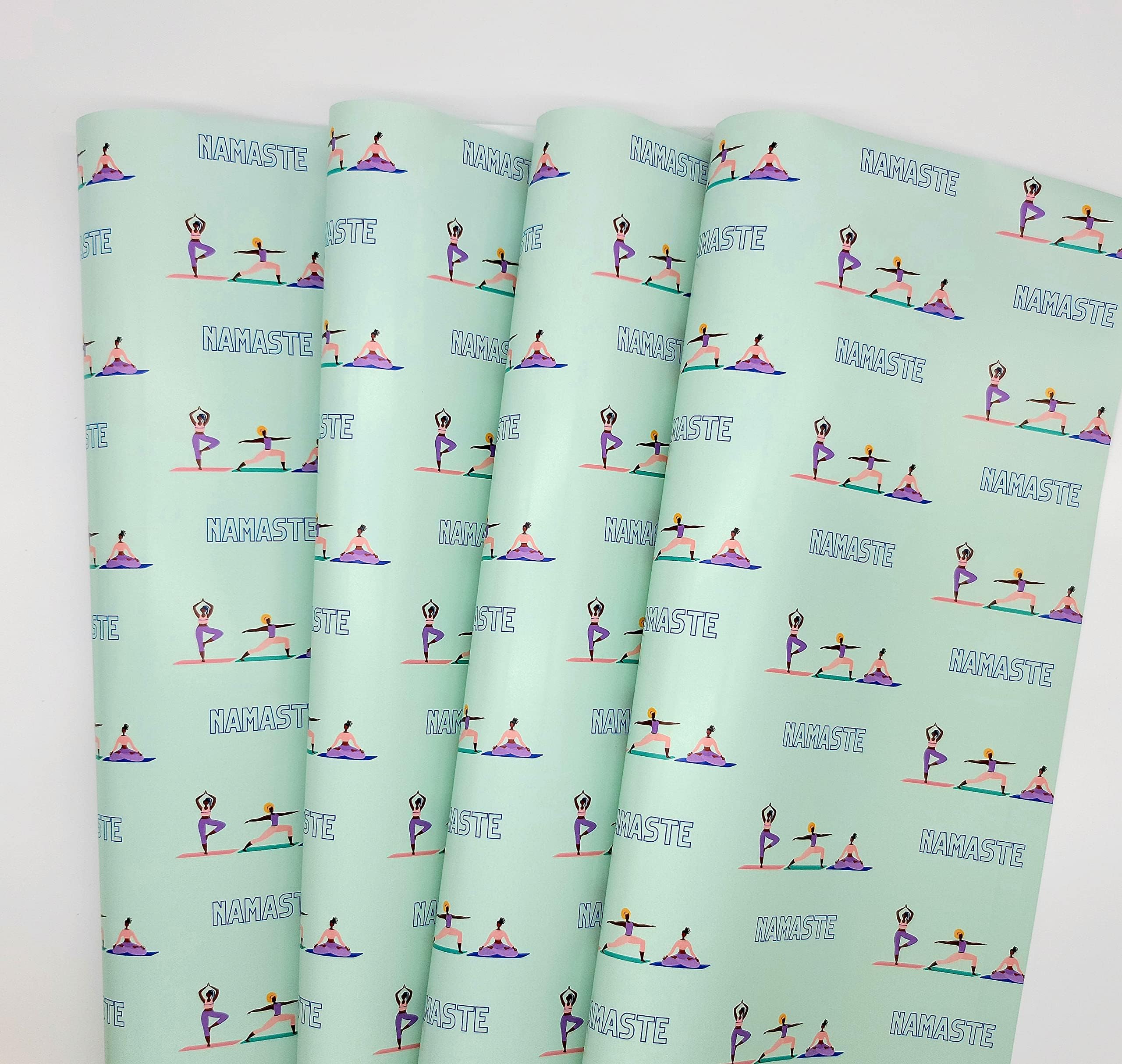 Black Wrapped Namaste Holiday Gift Wrapping Paper (4 sheets/order) 29in L x 20in W yoga design, Can be used as luxury gift wrap for birthdays, just because, fitness inspiration, and galentines day