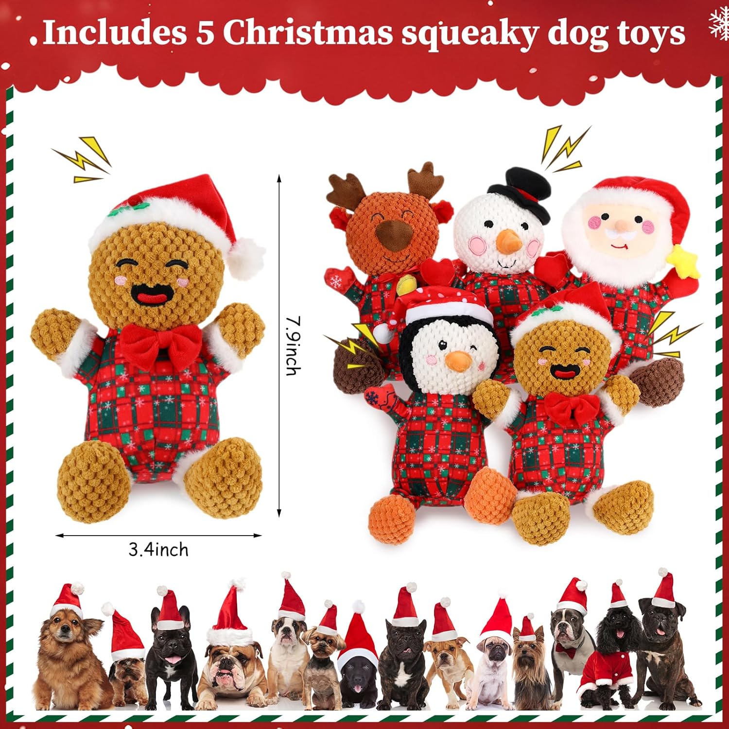 Vinsot 5 Pcs Large Christmas Dog Toys Gift Squeaky Holiday Dog Toys Interactive Plush Chew Toy for Keeping Them Busy for Small Medium Large Dogs Stocking Stuffers(Pineapple Pattern,Plaid Style)