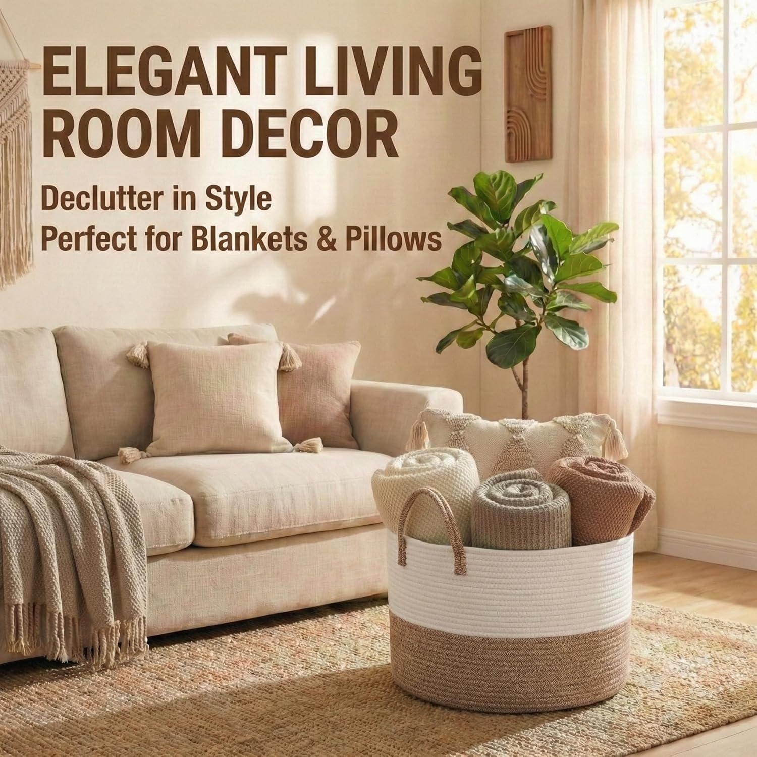 JMvicyroam 65L Extra Large Blanket Basket for Living Room - Woven Cotton Rope Laundry Hamper with Reinforced Handles - Storage Bin for Pillows, Comforters & Toys - Machine Washable,White&Brown