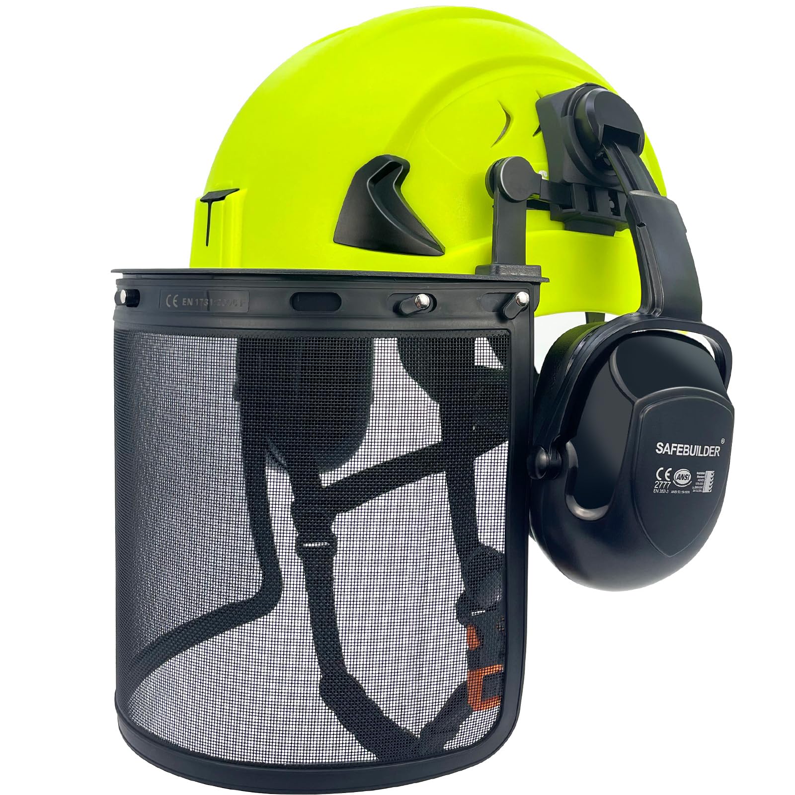 Forestry Hard Hats Type 2 Safety Helmet Chainsaw Work Head Protection Foam Liner Vented Outdoor Industrial ANSI Approved (G2C-Green+Mesh Face Shield)