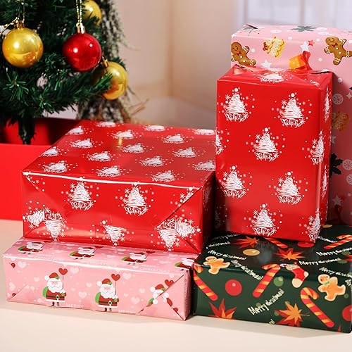 Miniatura 3 de Ulmasinn Papel de regalo de Navidad para niños, niñas, niños, rosa, rojo, verde con lindo Papá Noel, galletas de caramelo de árbol de Navidad y