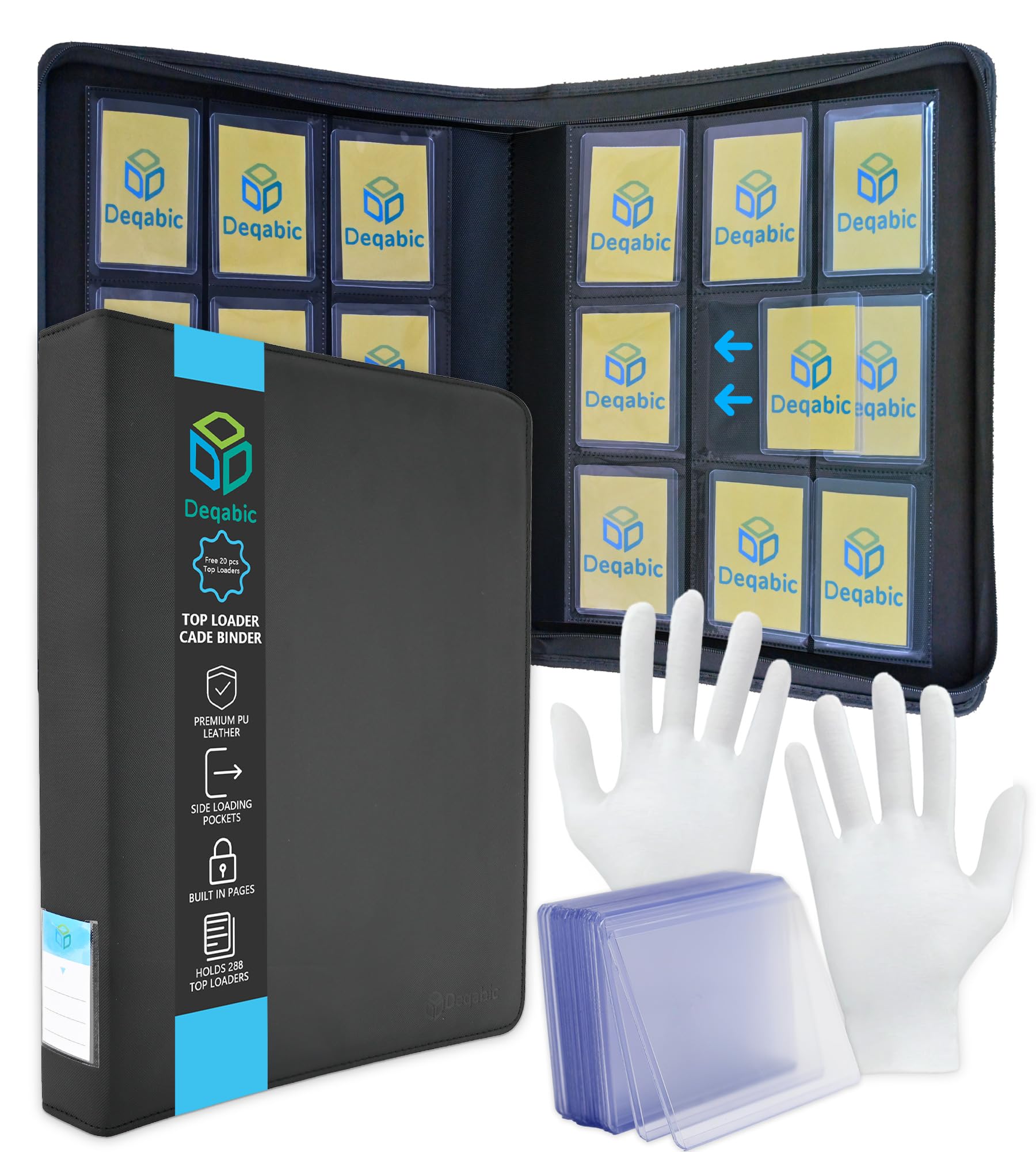 DEQADIC Top Loader Binder, 9 Pocket Holds 288 Cards, Includes 20 Toploaders, Side Loading Ringless Collection Binder for Sports Game Trading Card, Black
