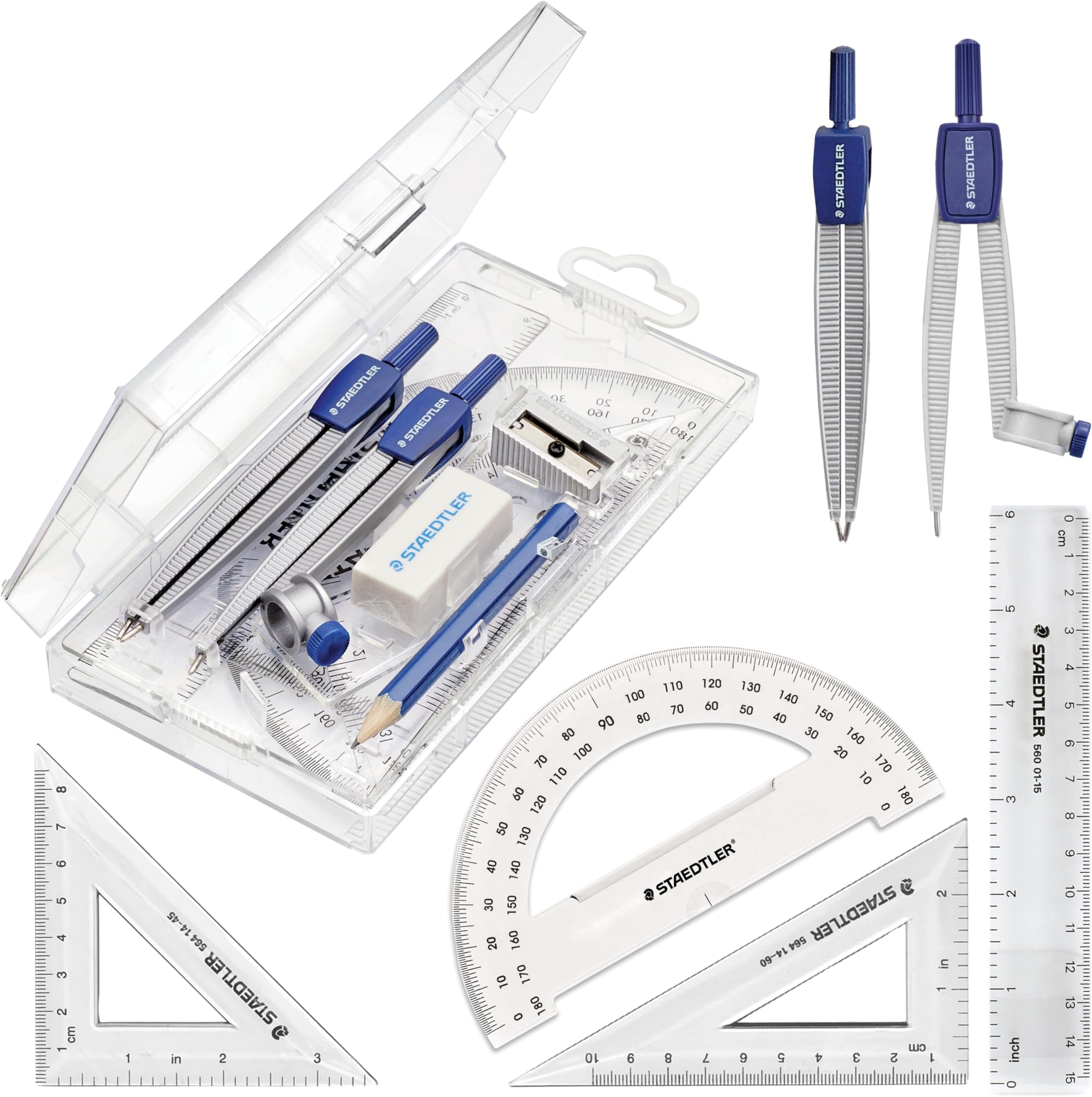 STAEDTLER School Kit Math Geometry Set - 10-Piece Compass, Protractor & Ruler Kit with Flip Open Storage Box - Clear Measuring Tools - Student Drawing Supplies