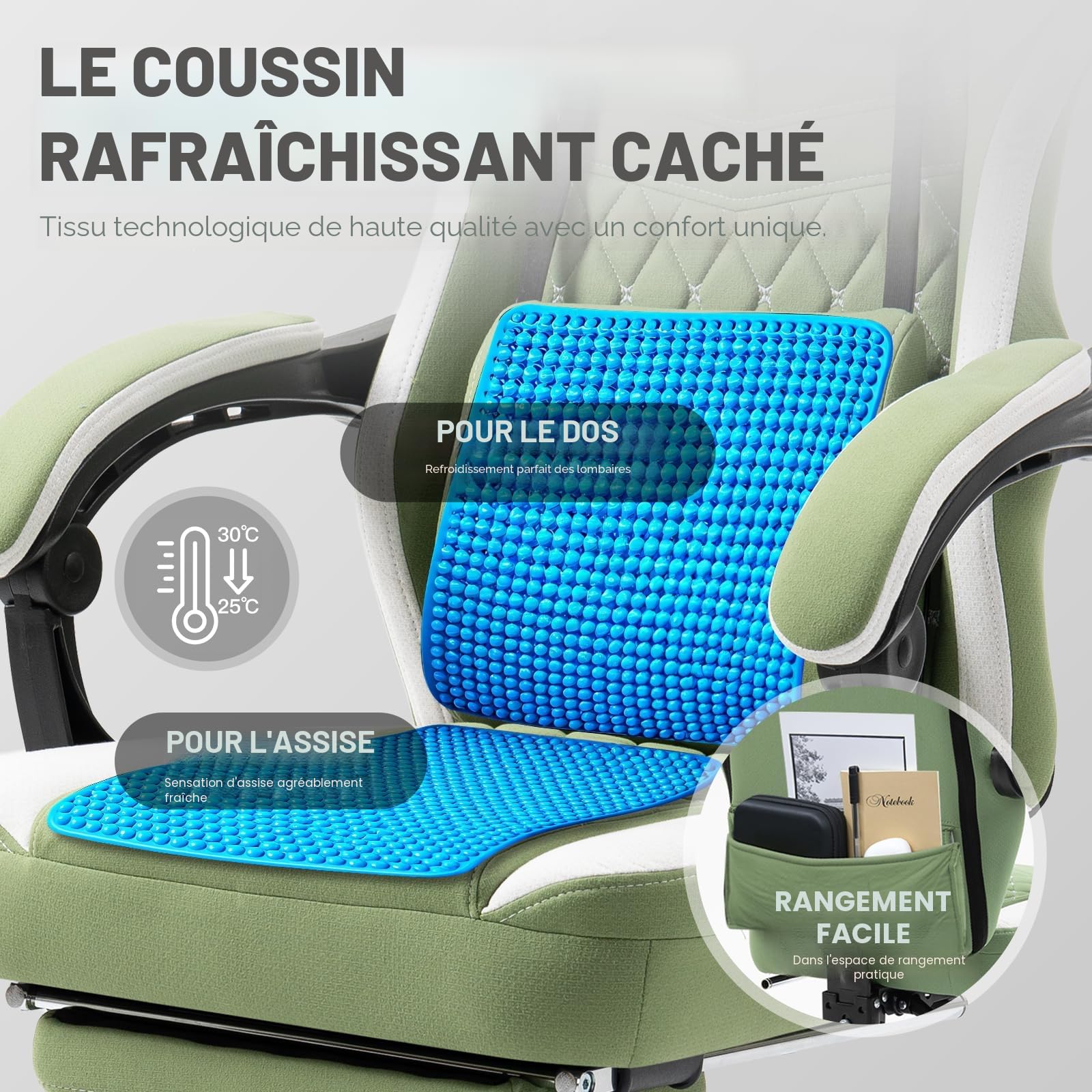 Dowinx Chaise Gaming Tissu avec Coussin à Ressorts ensachés, Fauteuil de Gamer avec Repose-Pieds, Chaise Ergonomique pour PC Gamer Chaise de Bureau capacité de Charge 150 kg, Vert