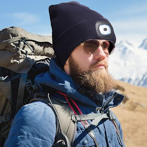 Miniatura 6 de Zhanmai Paquete de 4 gorros con luz LED, recargable por USB, gorro de punto iluminado para invierno, regalos para hombres
