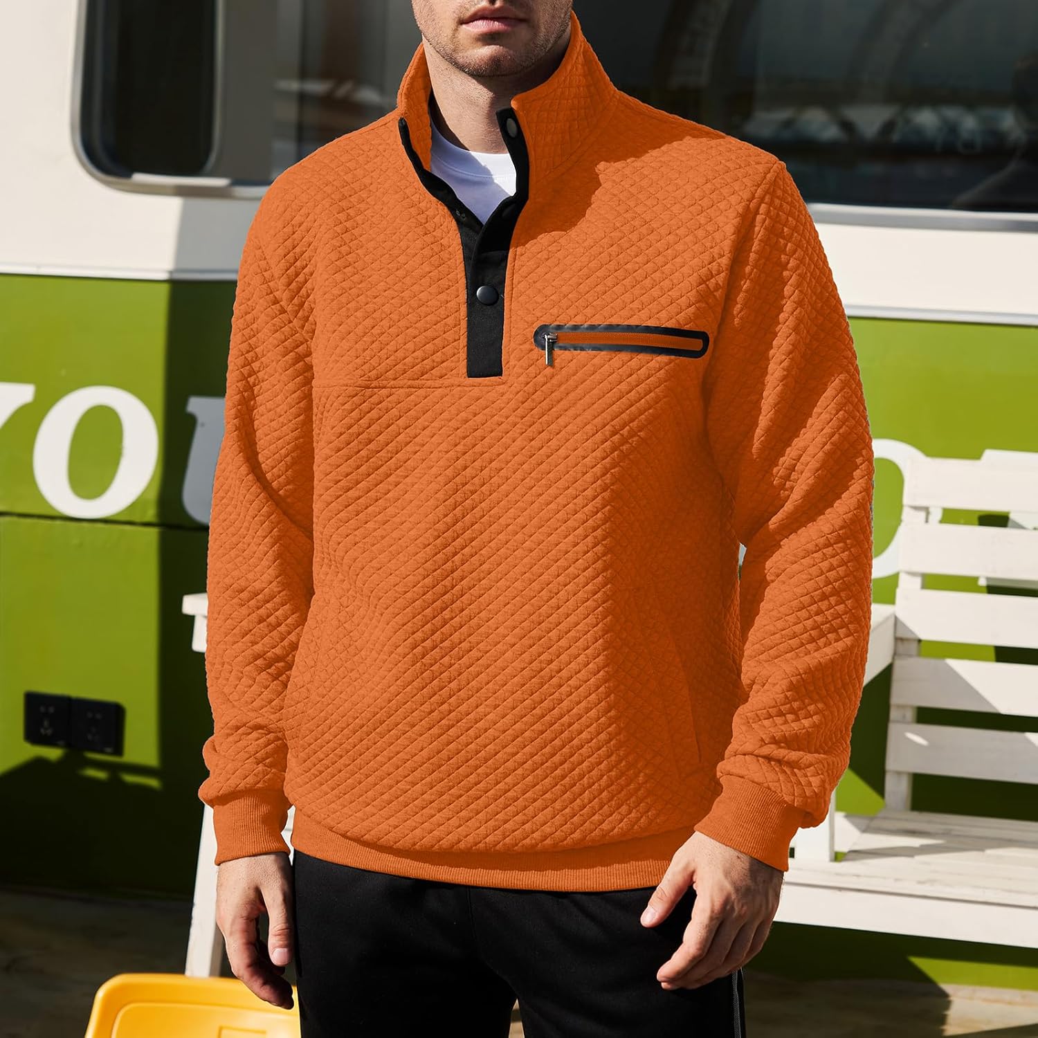 AOTORR Men's Quarter Collar Sweatshirt Casual Long Sleeve Waffle Outdoor Stand Collar Button Quilted Pullover Sweatshirts - Image 2