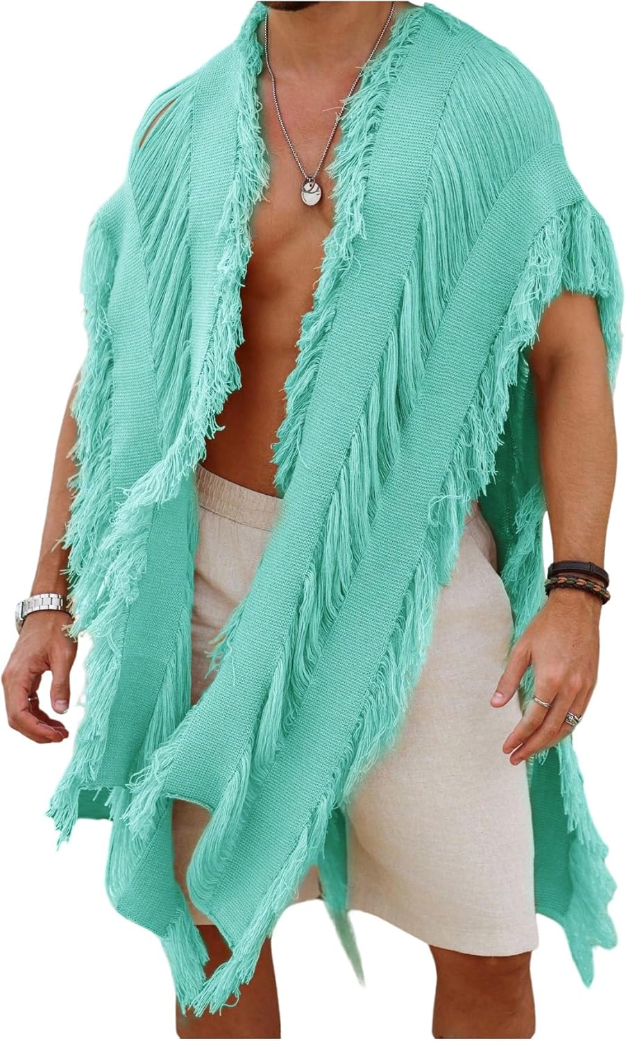 Verdusa Men's Knit Poncho Fringe Loose Cardigan Cape Knit Shawl Wrap Beach Vacation Outfits