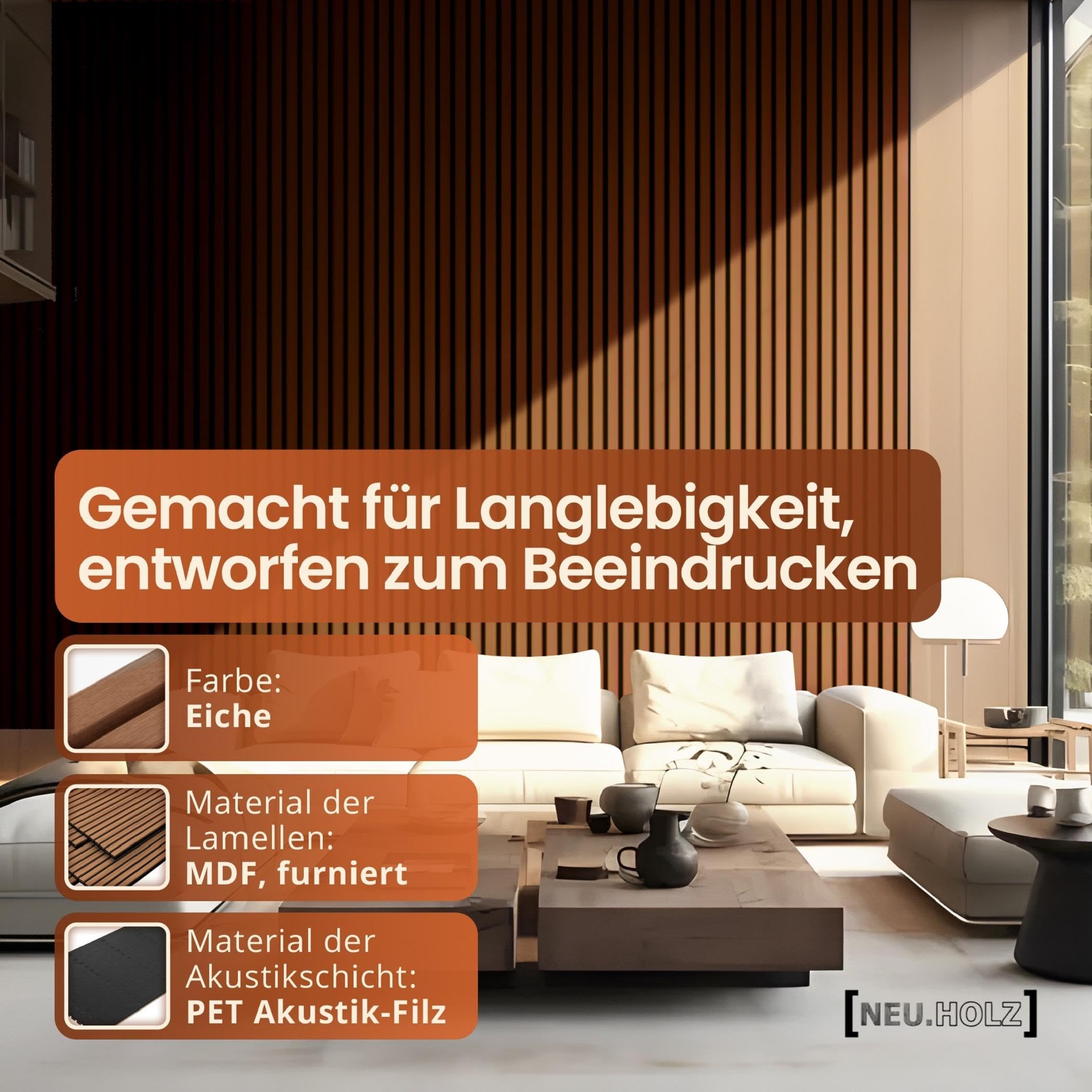 NEU.HOLZ Akustik Wandpaneele Vang 8er Set Wandverkleidung zum Kleben und Schrauben 5,76 m² Holzfurnier 3D Paneele Lamellen in Teakoptik