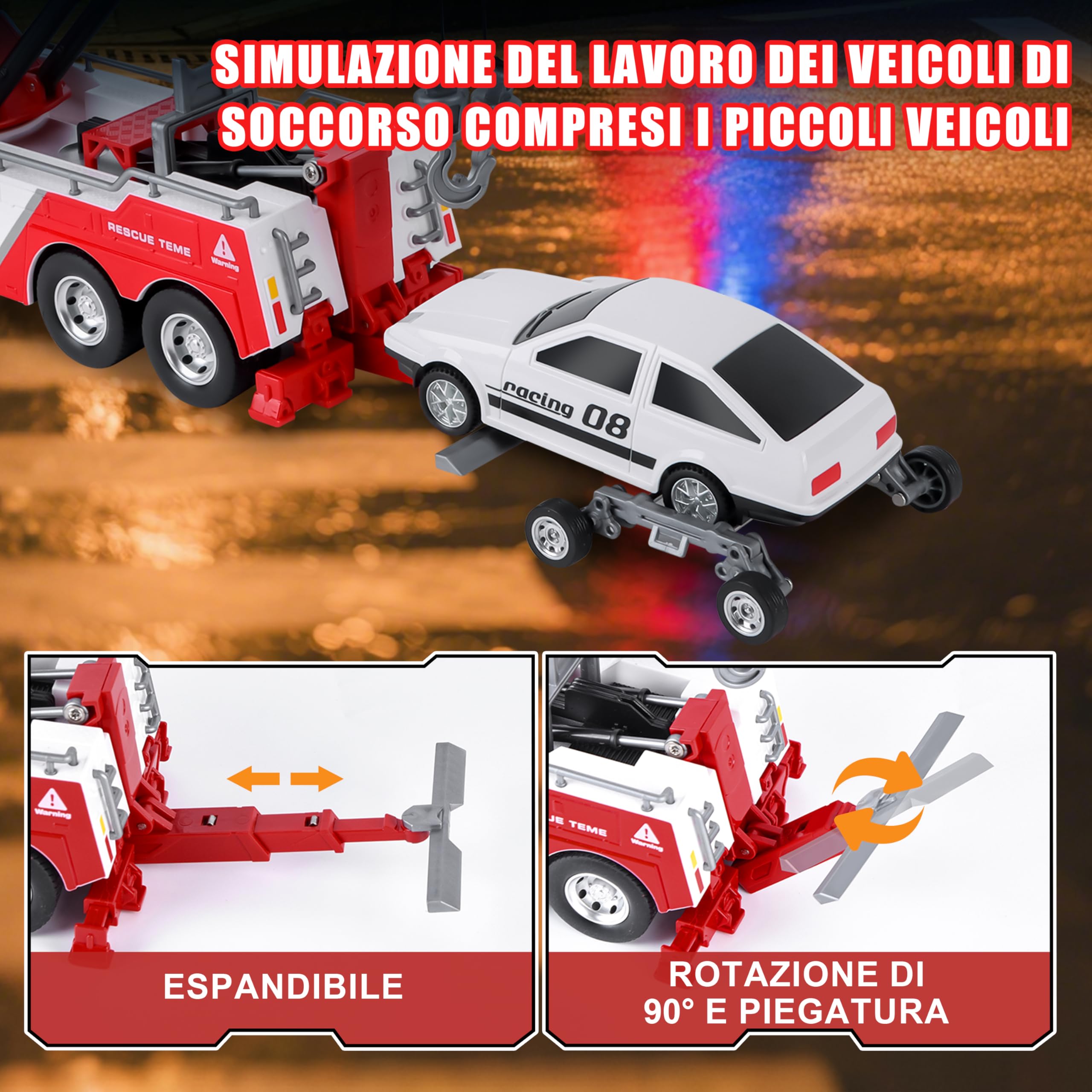 JONRRYIN Carroattrezzi Giocattolo, Camion gru per bambini, Veicolo di Recupero con Luci e Suoni, Camion Trasportatore Funzione, Regalo Giocattolo per Bambini dai 3 Anni in Su