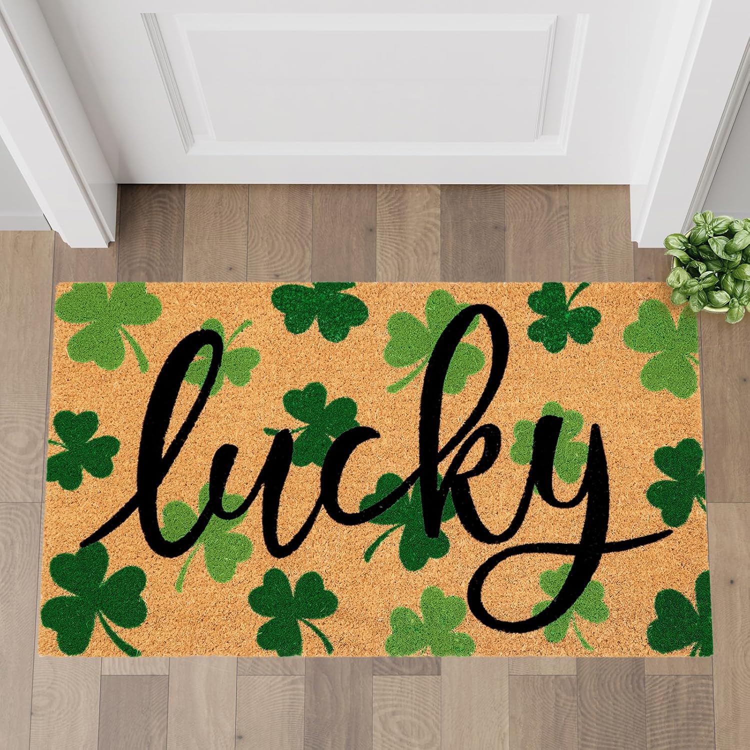 JarThenaAMCS St. Patrick's Day Natural Coir Door Mat Lucky Clover Welcome Floor Mat Green Shamrock Non-Slip Entrance Door Rugs for Irish Holiday Indoor Outdoor Home Bathroom Decor, 16.5 x 29 Inch