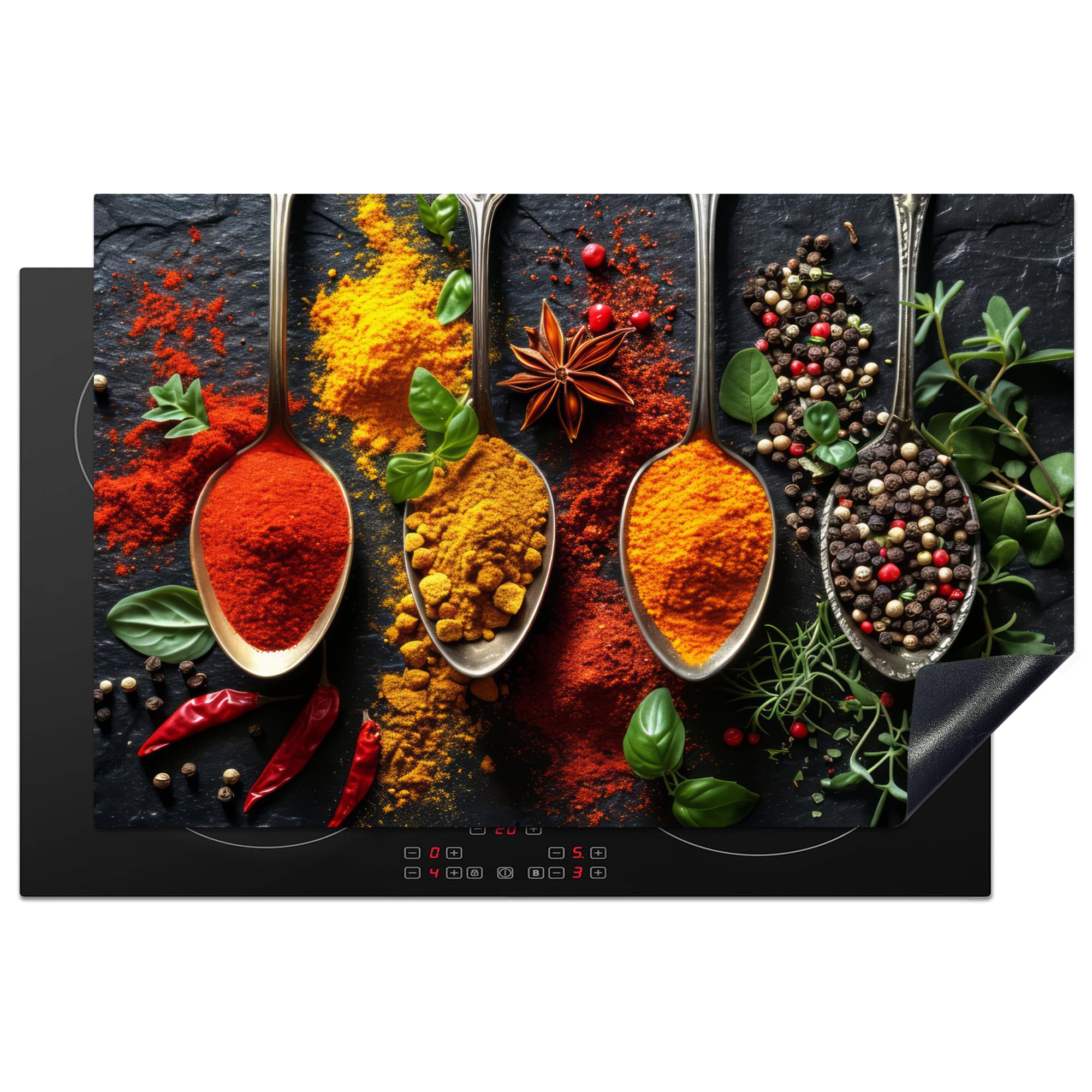 KitchenYeah© Herdabdeckplatte Induktion Schutzmatte Küche Herdabdeckung Ceranfeld Induktionsmatte Cerankochfeld Abdeckung Kräuter - Löffel - Küche - Paprika - 81.6x52.7 cm