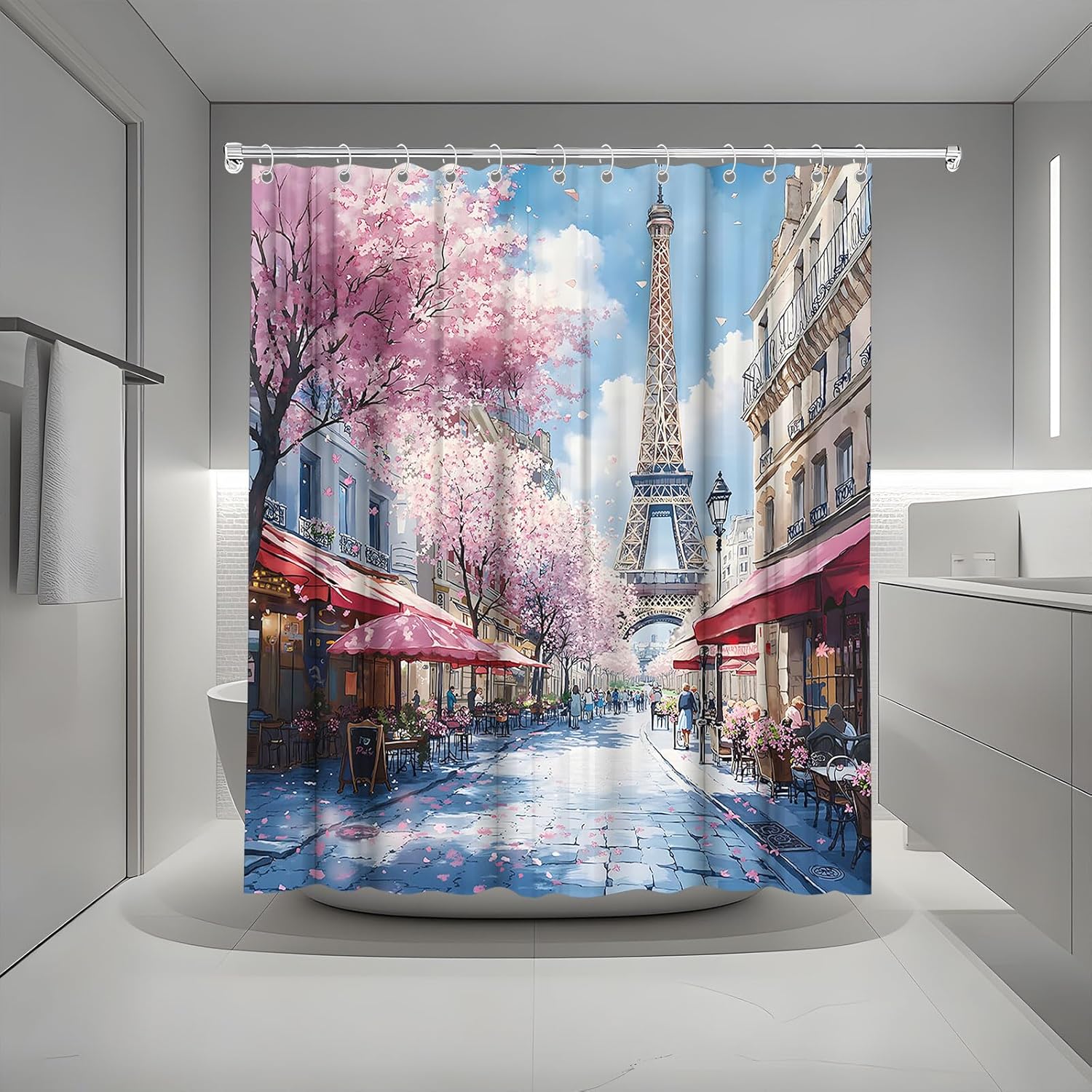 Paris Eiffel Tower Shower Curtain Pink Cherry Blossom Oil Painting French Street Romantic European City Landscape Bath Curtain Fabric Bathroom Accessories Decor with Hooks 90W x70L