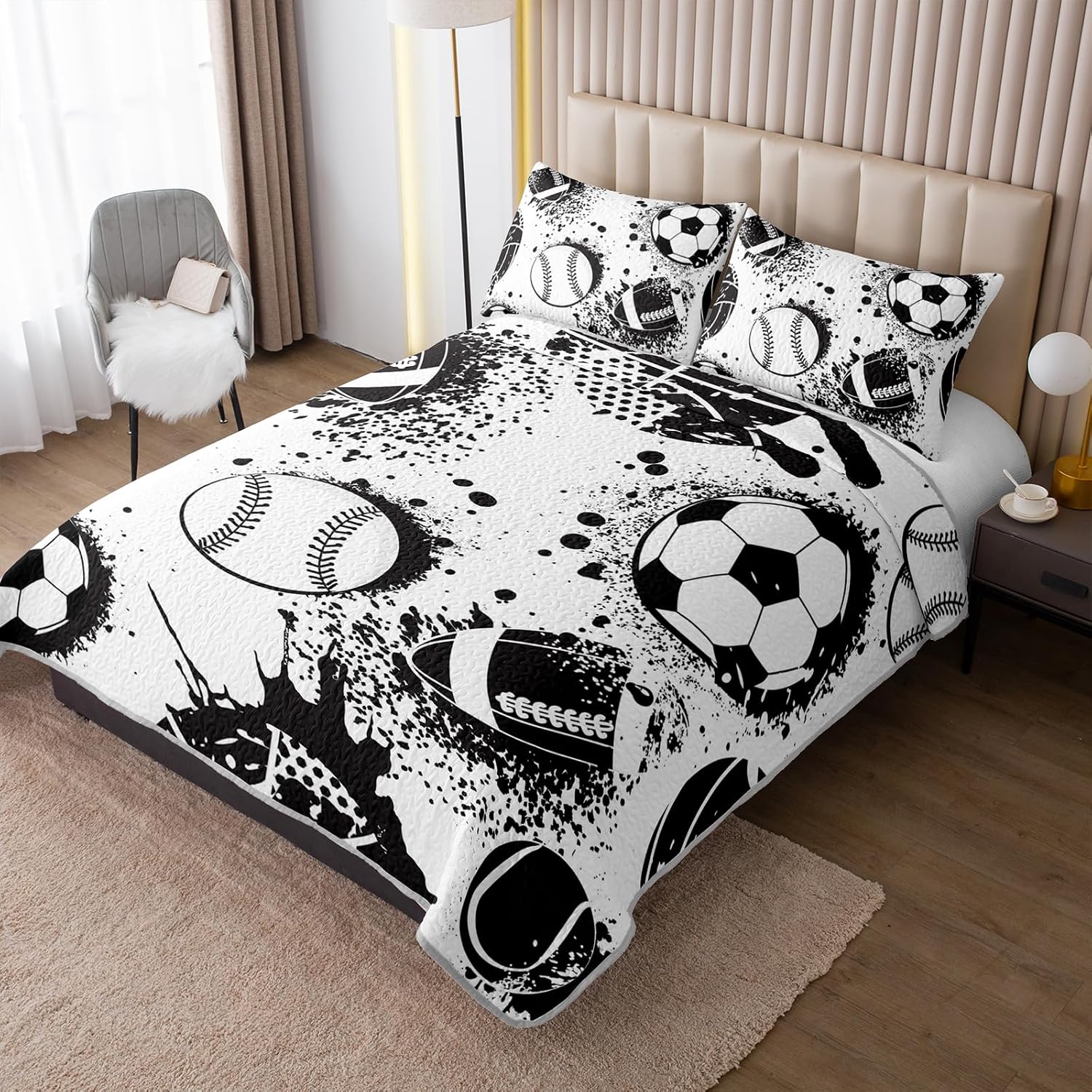King Ball Sports Quilt Set,3Pcs Football Soccer Bedding,Black and White Baseball Bedspread Coverlet for Teens Boys Kids,Hip Hop Grunge Graffiti Sports Games Bed Coverlet with 2 Pillowshams