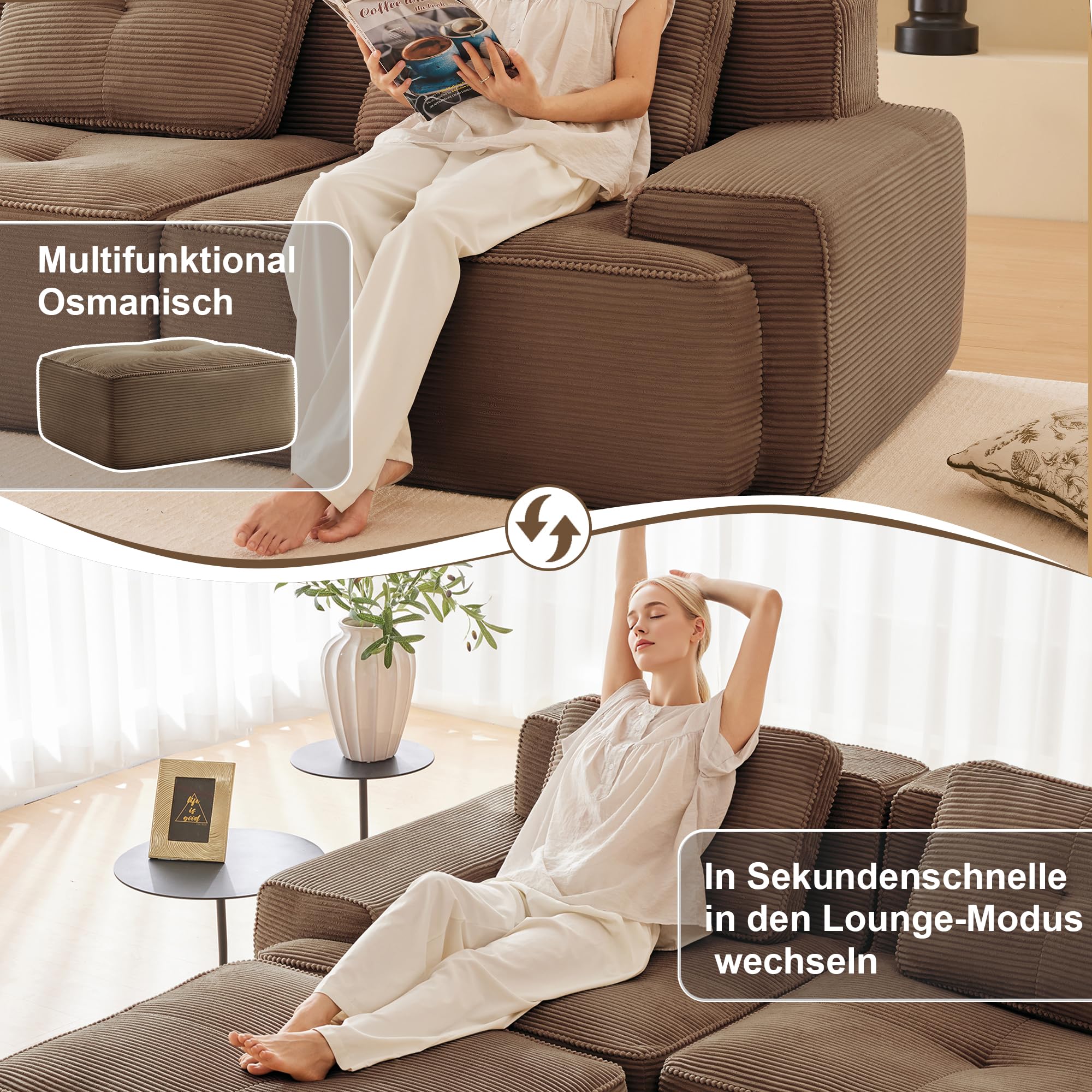 Bladez Moderno divano modulare Cloud Boneless ad angolo a forma di L in velluto a coste, divano cloud modulare con pouf, senza montaggio, divani imbottiti cloud combinabili per soggiorno (marrone, 3