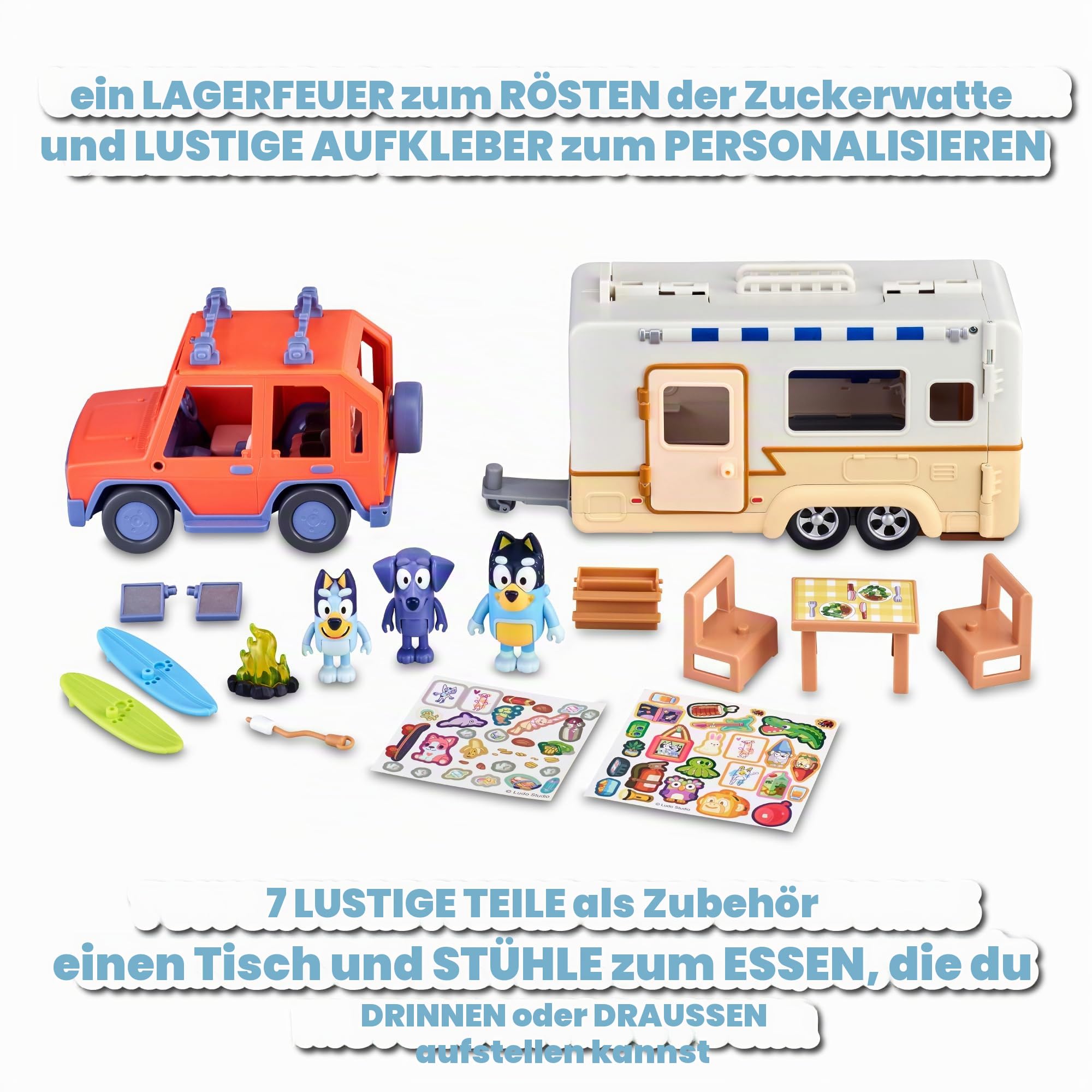 Bluey - Set Family Cruiser + Campervan, Playset für Familienautos, mit 3 Figuren, 10 Accessoires und dekorativen Aufklebern, 3 Jahre berühmt (BLY53000)