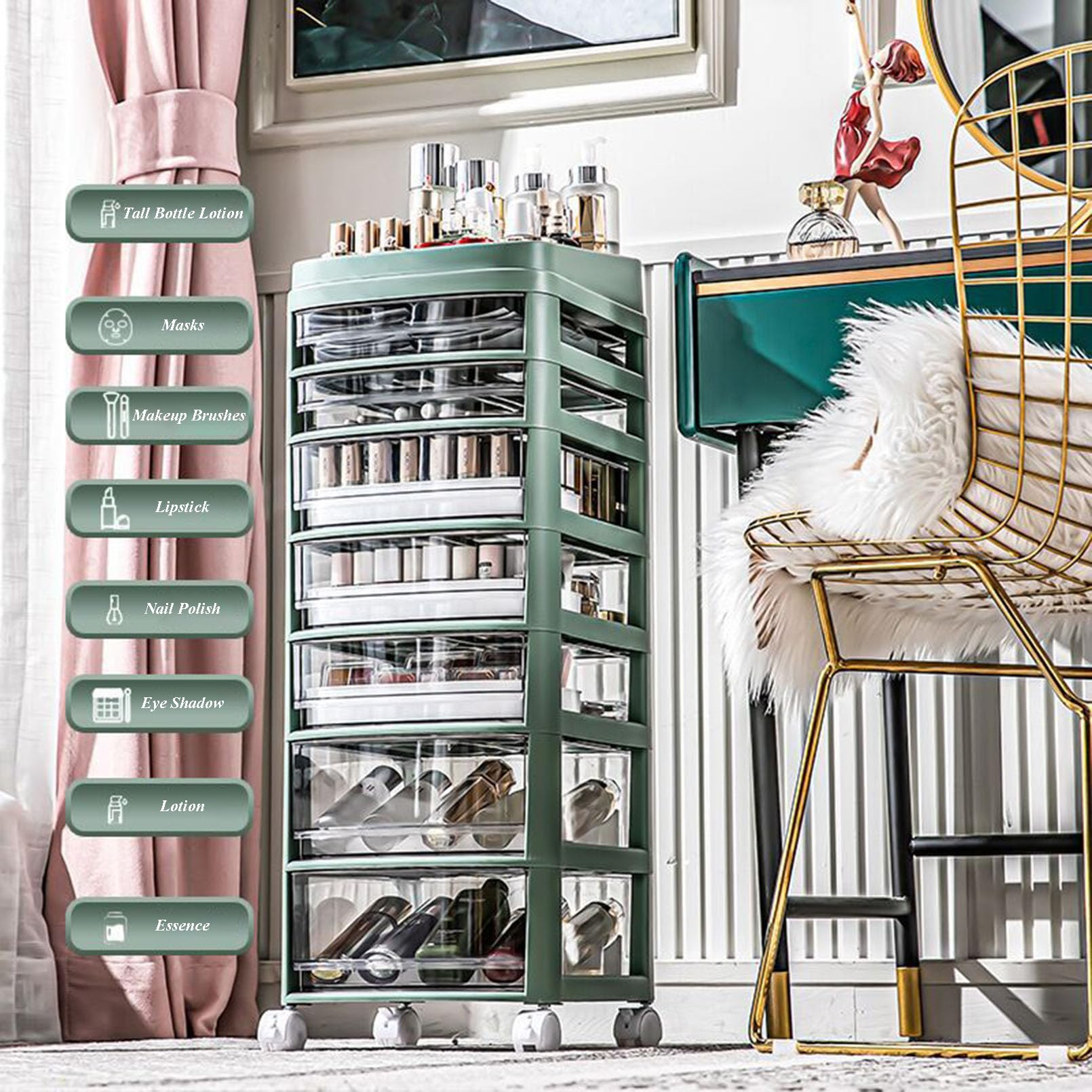 Mehrschichtige Kosmetik mit Schubladen und Rollen, freistehend, hoher Aufbewahrungsschrank für Badezimmer, Wohnzimmer, Schlafzimmer, Make-up und Zubehör