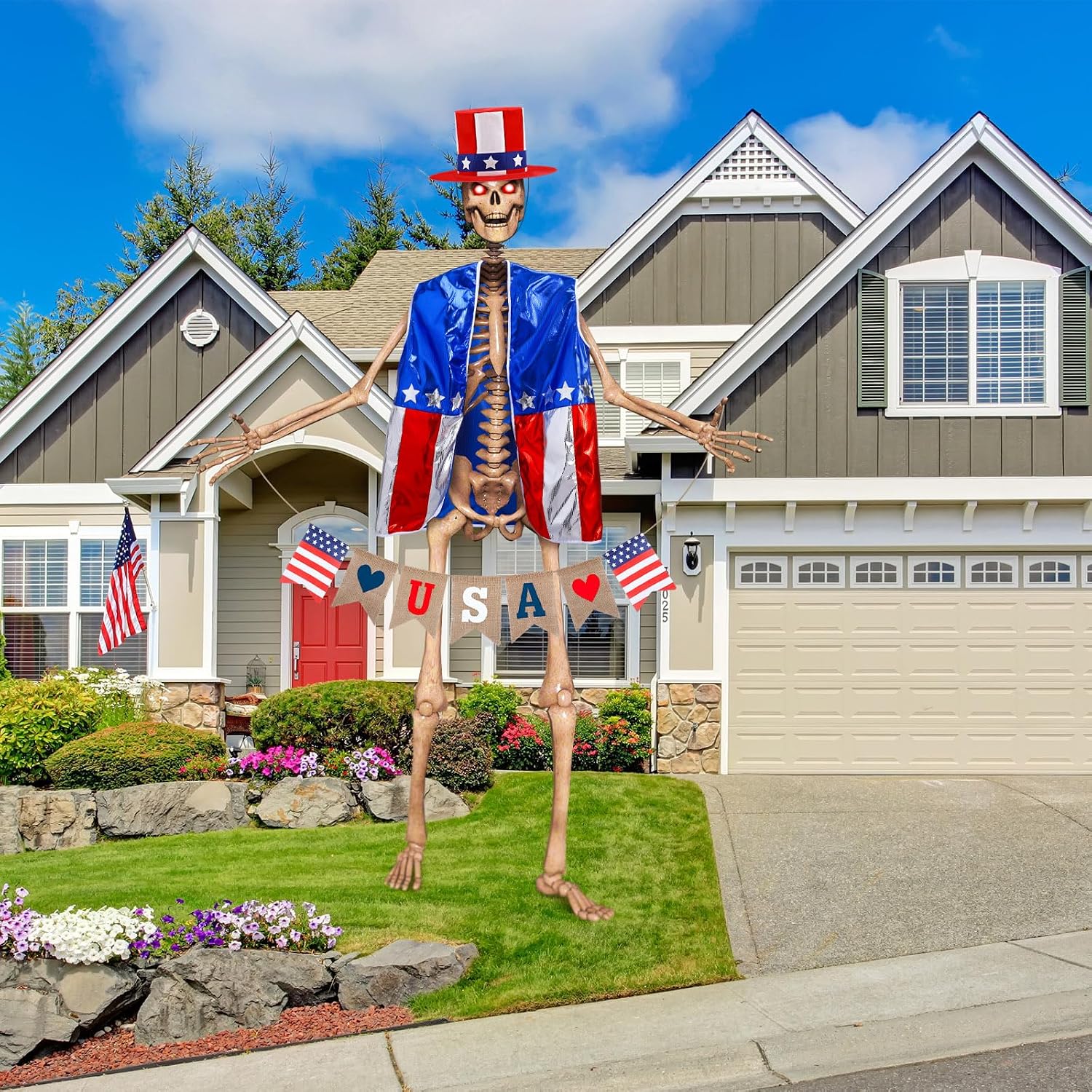 Foilswirl 3 Pcs 12 ft Skeleton Outfits Accessories 4th of July Skeleton Hat, Vest, USA Banner Outfit Set Giant Sized Skull Costume Clothing for 250th Anniversary Patriotic Garden Lawn Outdoor Decor