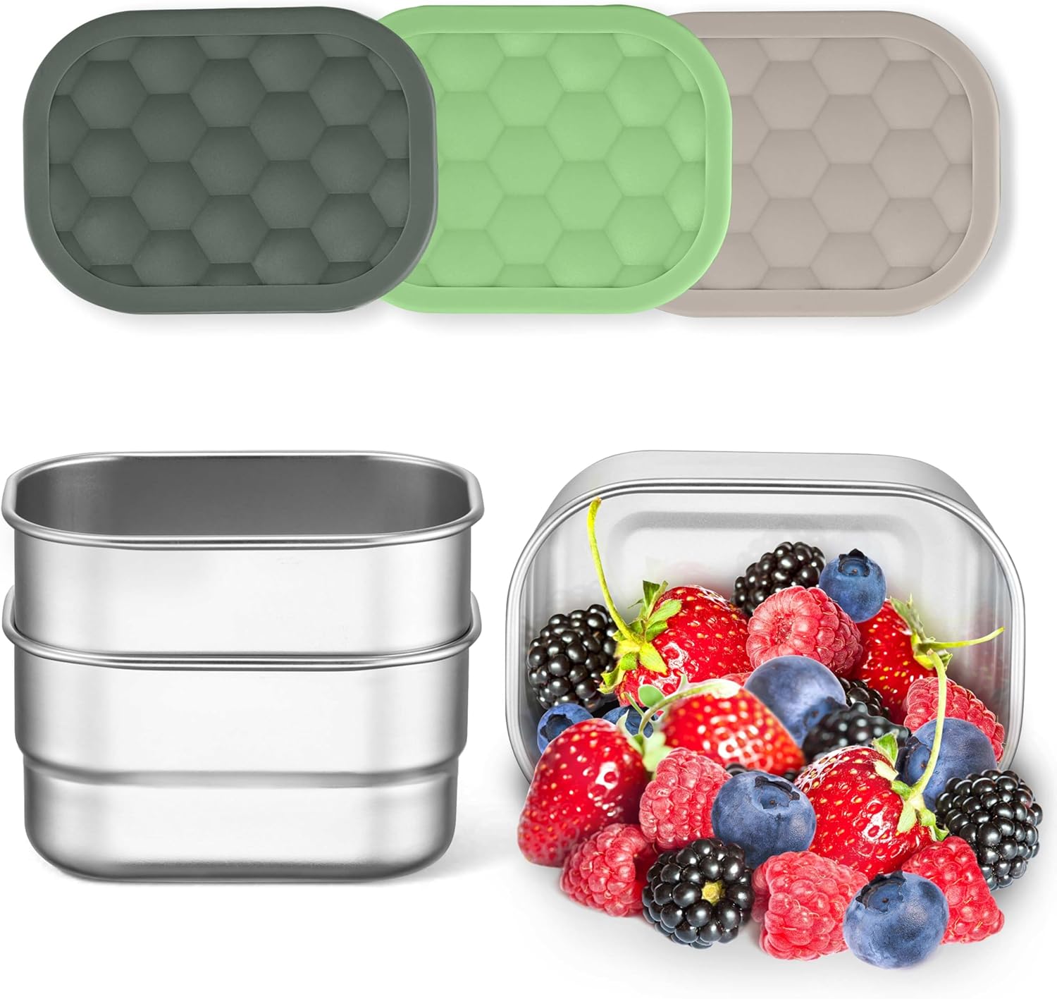 Homikit 3 Pack Snack Containers for Kids, 18/10 Stainless Steel Toddler Lunch Box with Silicone Lids, Reusable Bento Food Container Set for School Daycare, Nontoxic & Leak Proof, Green/Khaki/Gray