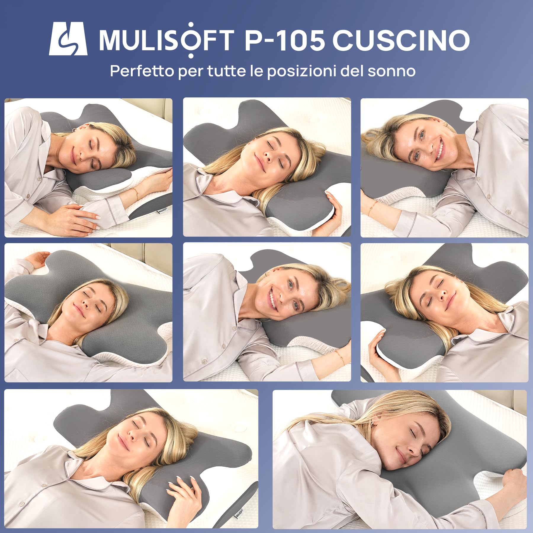 MULISOFT Cuscino Cervicale per Dormire, Cuscino Ergonomico in Memory Foam, 2 in 1 Cuscino a Farfalla Ideale per ogni Posizione del Sonno, Federa Sfoderabile e Lavabile, 67×36×10/12 cm, P-105 Grigio