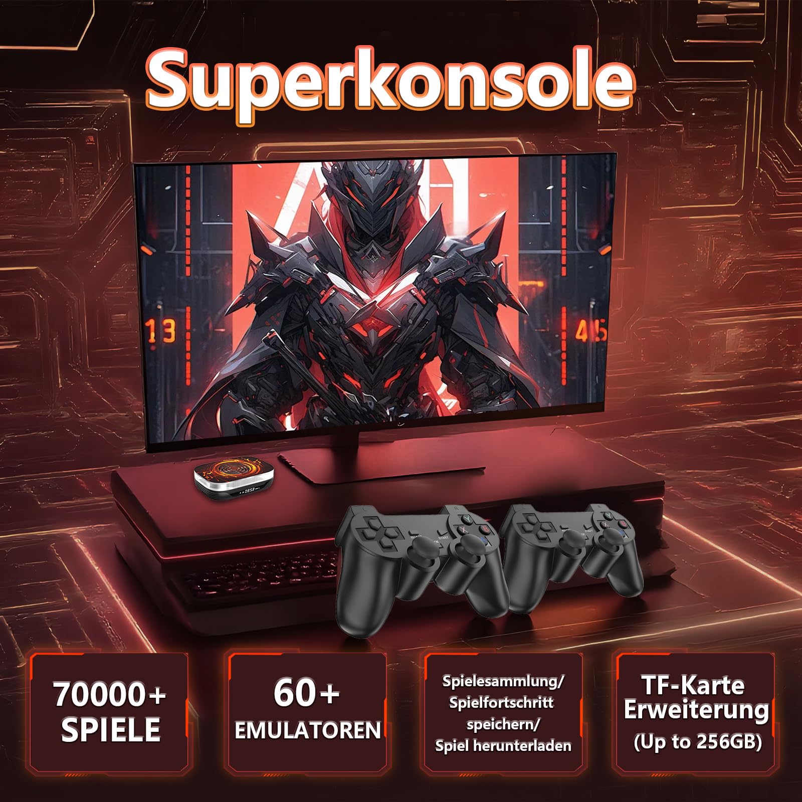 Super Console X4 PLUS Retro Konsole 256G,70000+ Spiele 60+ Emulatoren Retro Spielkonsole,EmuELEC/Android/CoreELEC System Game Box,2,4G/5G WiFi & BT4.0,4K Game Stick mit Drahtlose Controller