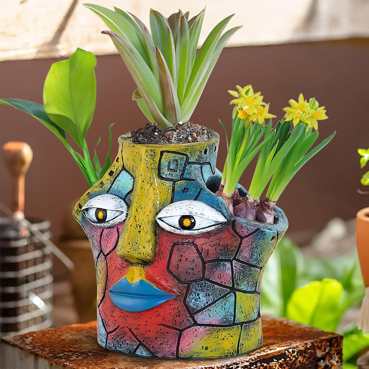 Buachois Abstract Face Planter,Artistic Flowerpot,Three Hole Pots for Plants,Head Planter for Indoor Plants,Funny Face Colorful Plant Pots for Outdoor Garden Decor and Home Art Decoration