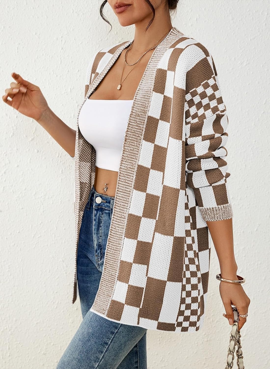 Pink Queen 2026 Checkered Cardigan Sweaters for Women Casual Long Sleeve Plaid Knit Outwear Coats with Pockets - Image 4