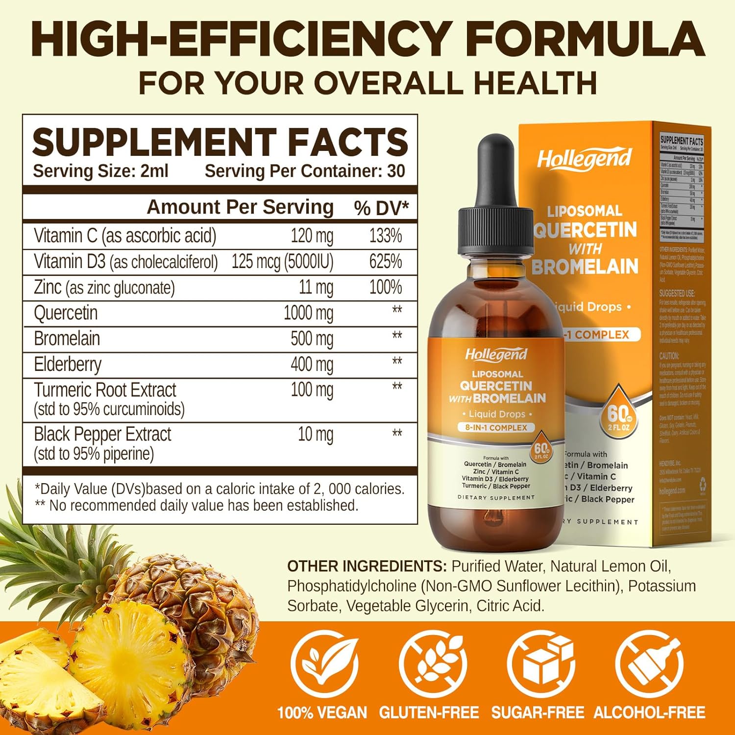 Liposomal Quercetin with Bromelain Liquid Drops, 8 in 1 Organic Quercetin 1000mg Supplements with Bromelain 500mg, Vitamin C, D3, Zinc, Elderberry, Turmeric for Immunity & Respiratory Health, 2 Fl Oz - Image 2