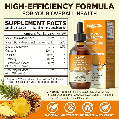 Miniatura 2 de Quercetina liposomal con gotas líquidas de bromelina, 8 en 1 quercetina orgánica 1000 mg suplementos con bromelina 500 mg, vitamina C, D3, zinc,