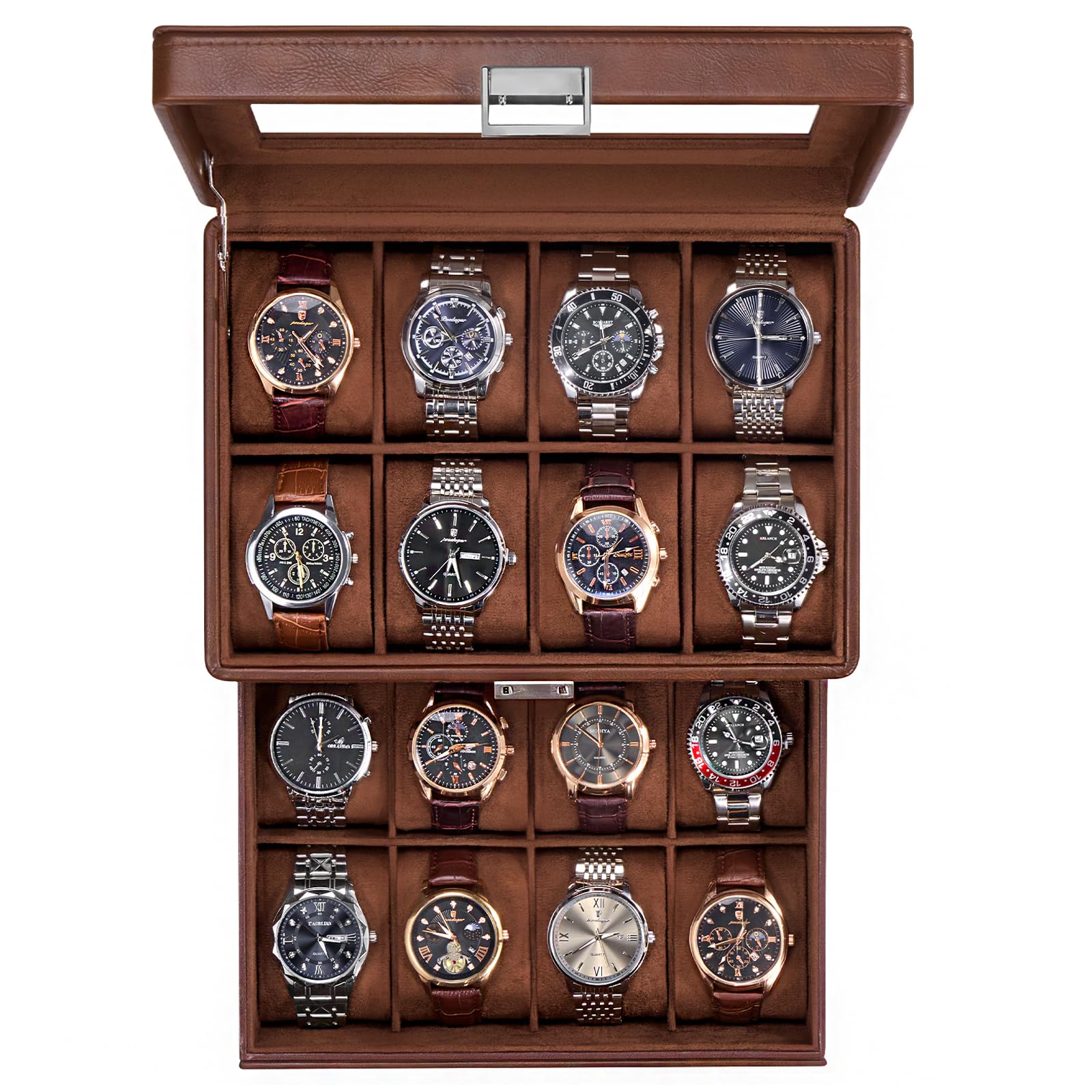 HVMBEUGOS Watch Box for Men, Jewelry Organizer Box with Drawer, Display Storage Case with Glass Lid -Brown, 16 Slot