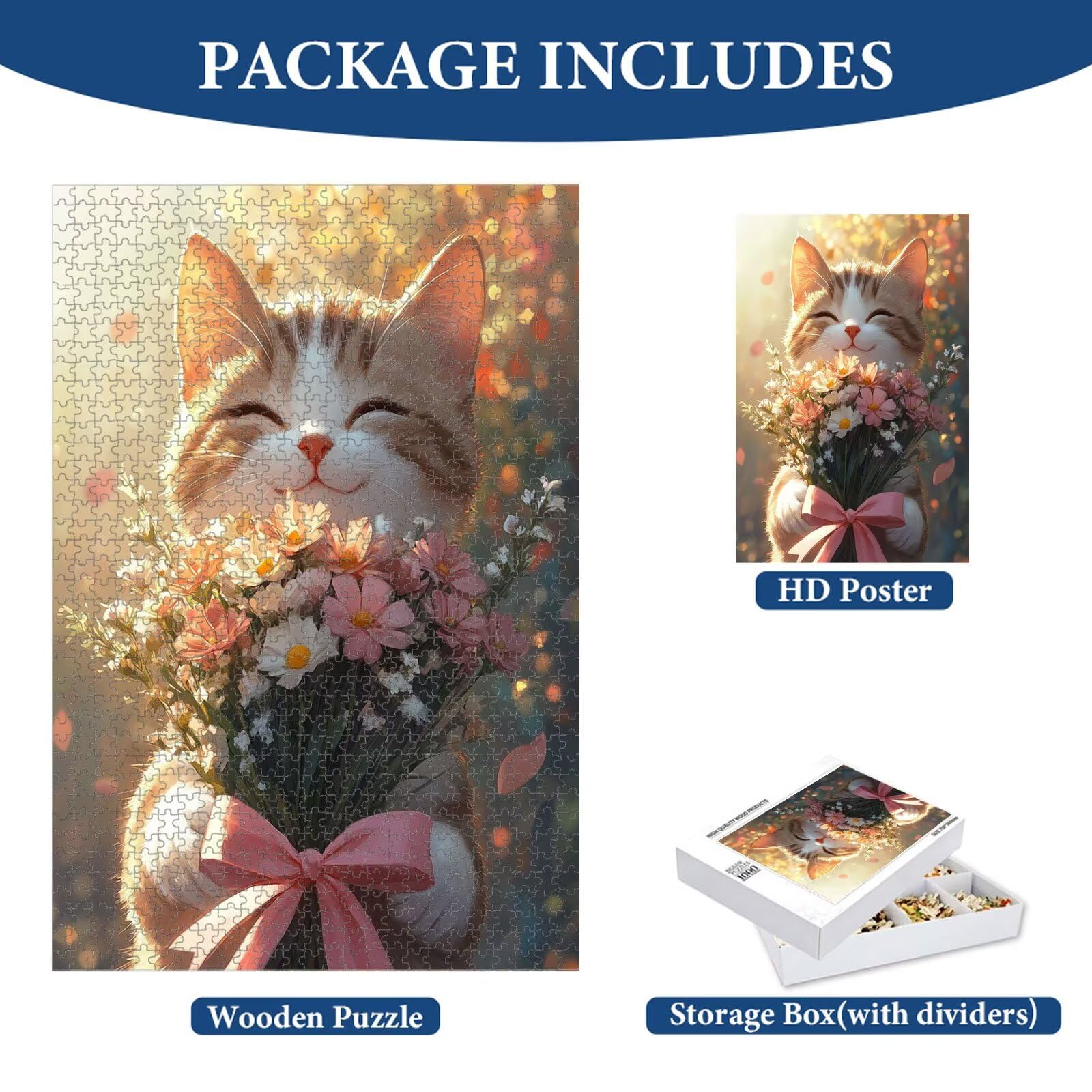 1000 sztuk puzzle dla dorosłych kot i kwiat solidne drewniane puzzle 1T#2405 | Drewniane puzzle, precyzyjne cięcie, jasne atramenty, relaksujący wypoczynek, wystrój domu, prezent, 50x75cm