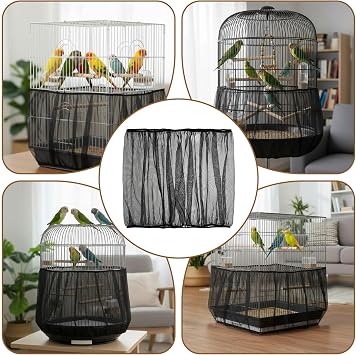 Bird Cage Net Seed Catcher Net Cover Black Adjustable Breathable Mesh Parrot Cage Skirt Guard for Parrot Cockatiel Budgie Fits Round Square Cages