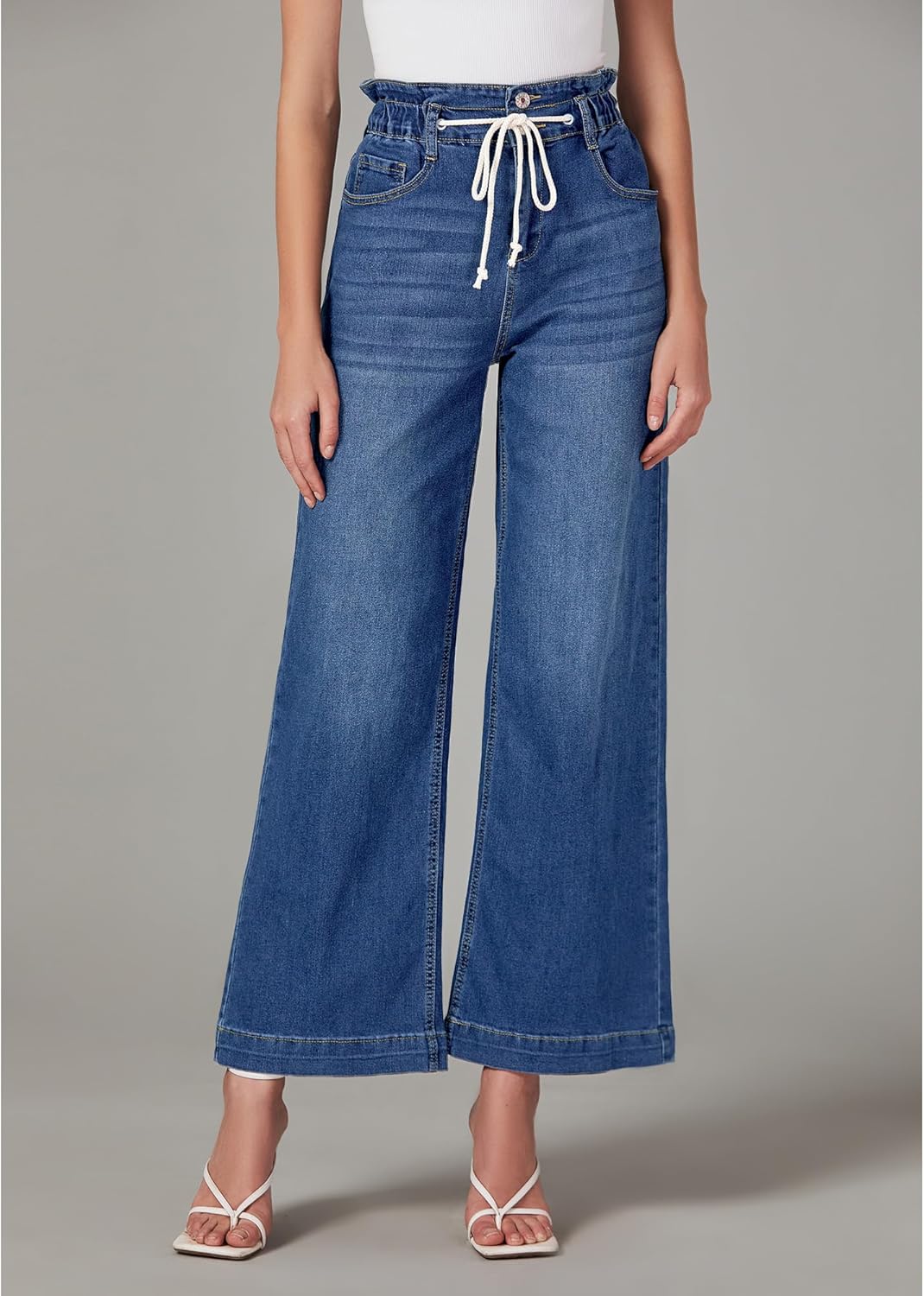 LookbookStore Womens Jeans Wide Leg High Waisted Trendy Elastic Wasit Drawstring Stretch Denim Pants Baggy Trouser Jeans - Image 2