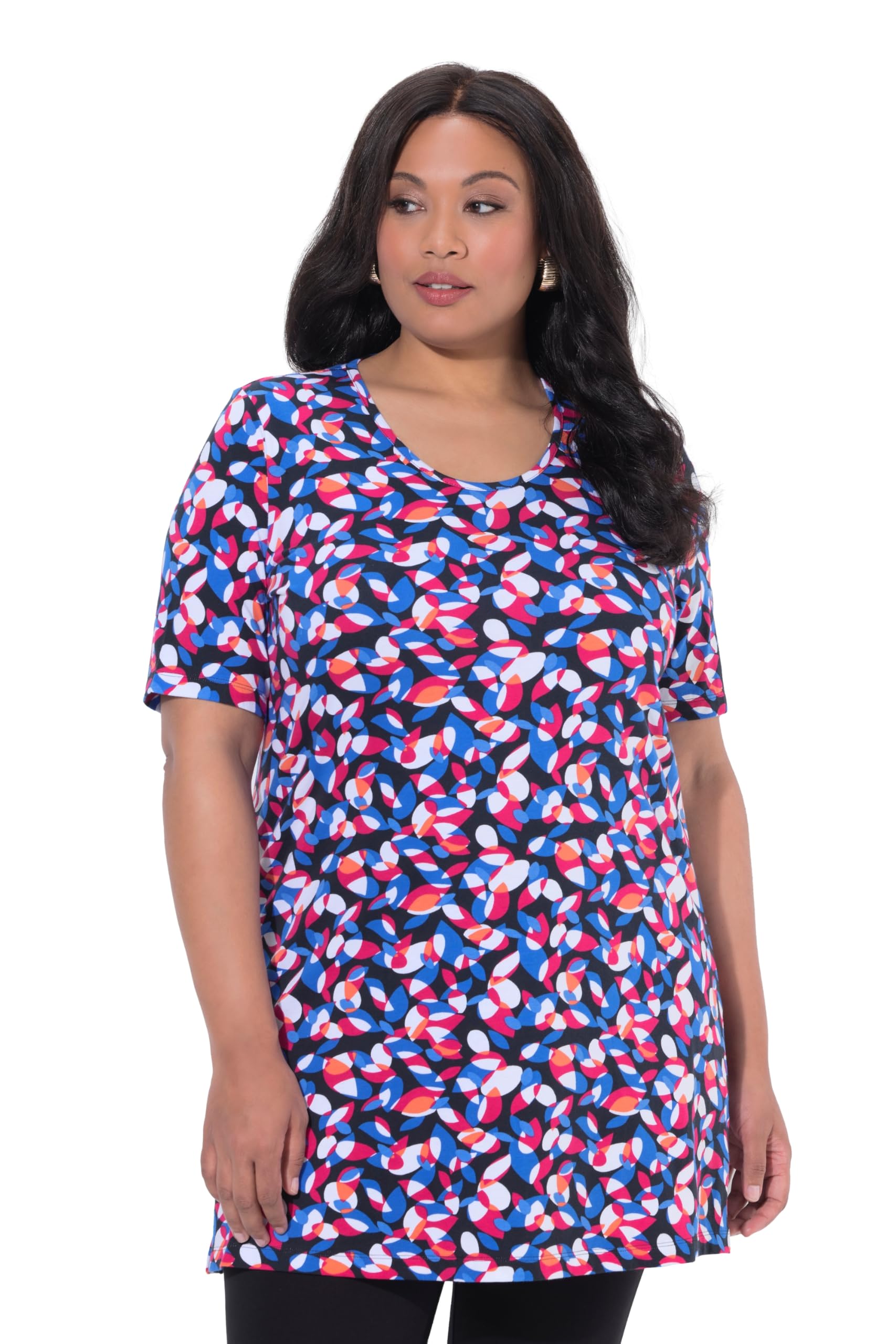 Ulla Popken Damen große Größen Übergrößen Plus Size Longshirt, grafischer Druck, A-Linie, Rundhals, Halbarm 847593
