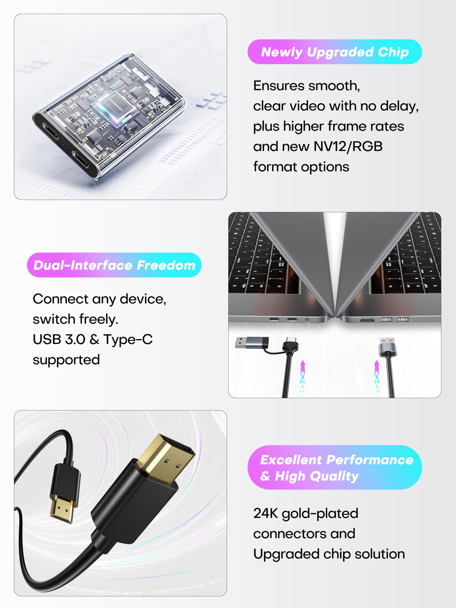 XIIXMASK Tarjeta de captura de video, tarjeta de captura USB 3.0 4K HDMI Loop-Out, 4K 60FPS/1080P 240FPS captura de videojuegos para PS5/cámara/PC/transmisión