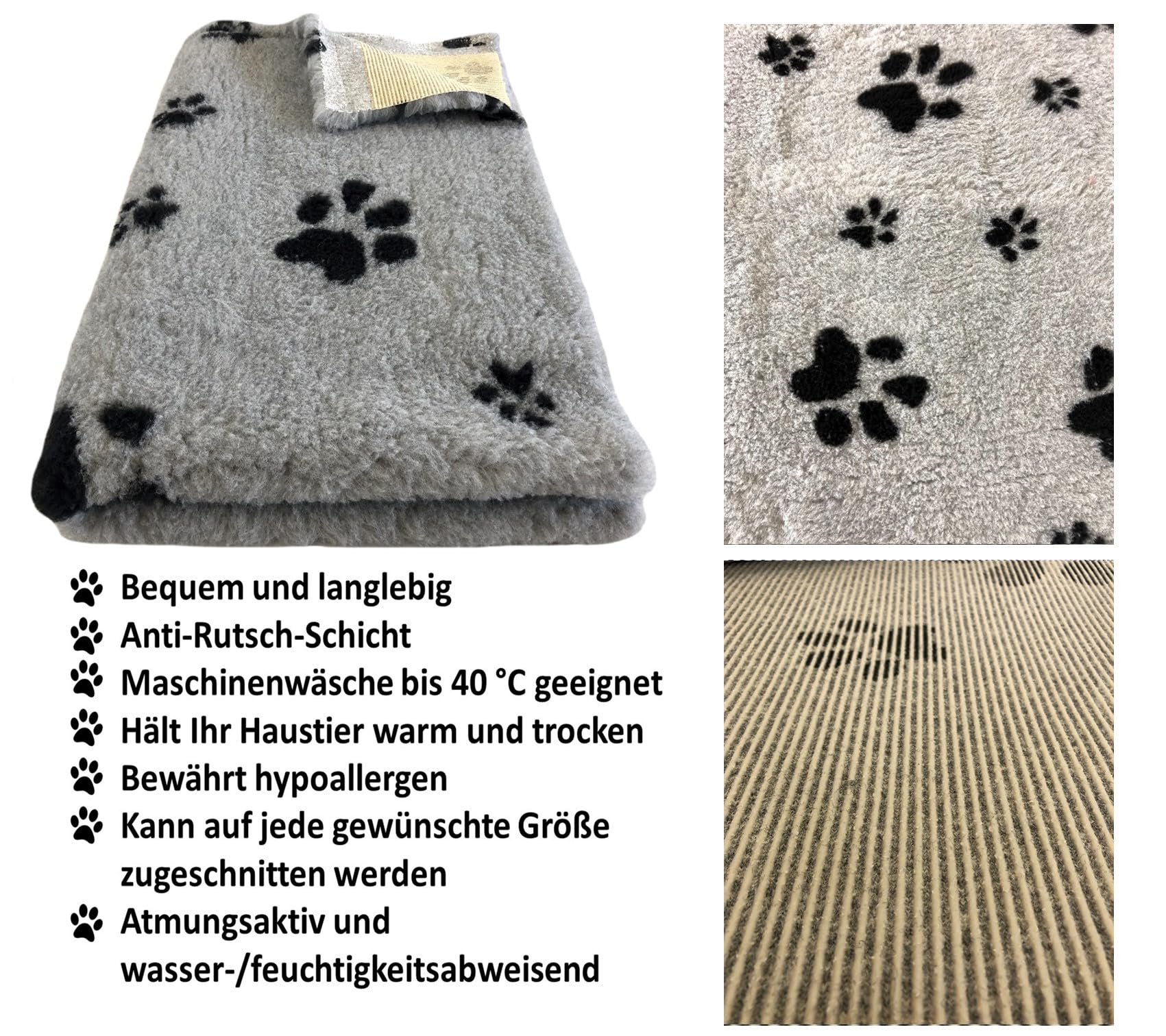 elropet Hundematte vetbed für kleine Hunde & große Hunde/Premium 22mm hohe Qualitätsstufe/Hundedecke S/M/L (Hellgrau + Schwarze Pfote, M 100cm X 80cm)