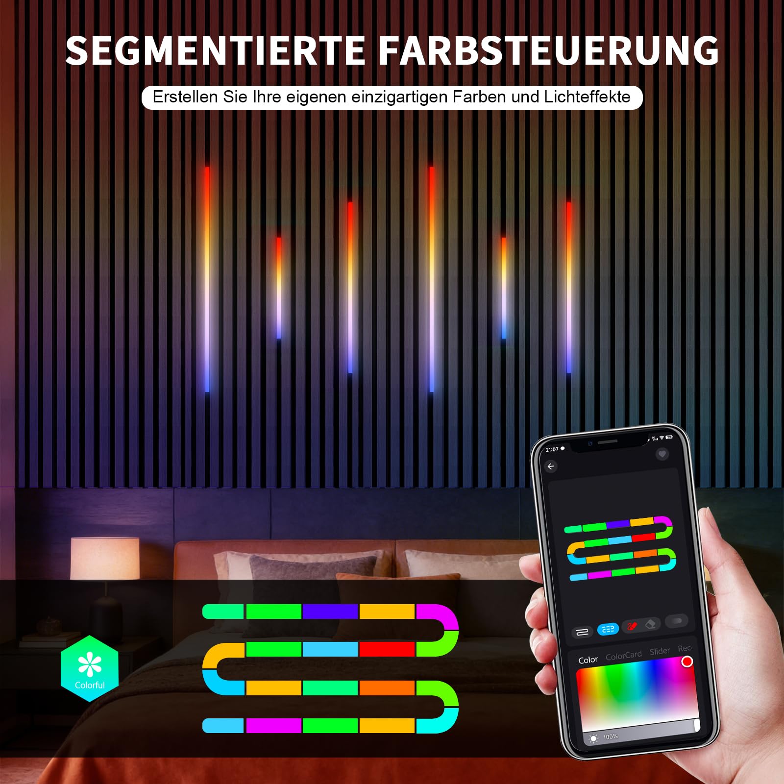 RGB+IC LED Akustikpaneele Beleuchtung, 6 Stück Intelligente Farbverfolgende Wandpaneele Beleuchtung mit Alexa & WLAN-App-Steuerung, DIY LED Streifen mit mehreren Farben (38 * 2+56 * 2+89 * 2cm)