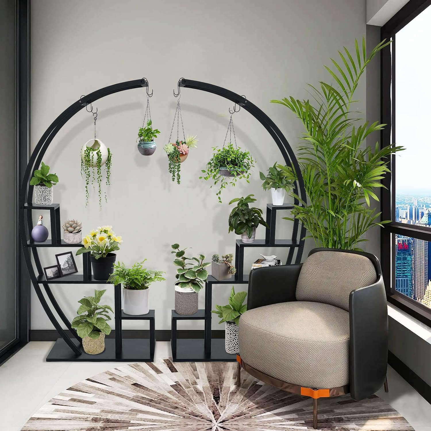 Fullwatt Plant Stand Indoor,5 Tier Half Moon Shape Ladder Flower Pot Stand Rack of 2,Metal Flower Shelf with 6 Hooks for Home Patio Lawn Garden Balcony Holder