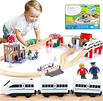 Kinderplay Wooden Train Set | Train Toy - Wooden Train Track | Train Set for 3 year Old Boys, 80 pcs, 378 cm long | Railway Ride On Battery | Police Station, GS0010
