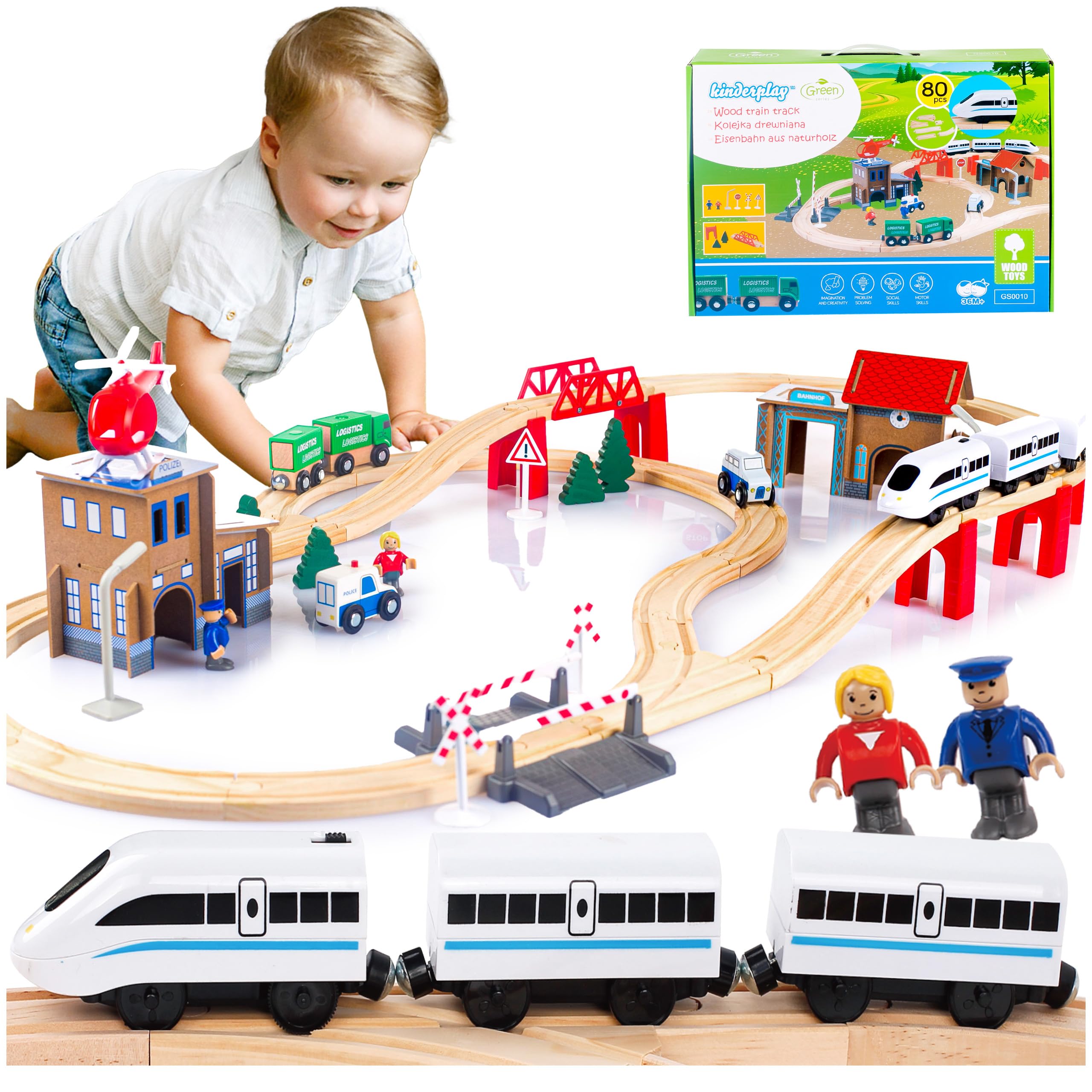 Green series Kinderplay Wooden Train Set | Train Toy - Wooden Train Track | Train Set for 3 year Old Boys, 80 pcs, 378 cm long | Railway Ride On Battery | Police Station, GS0010