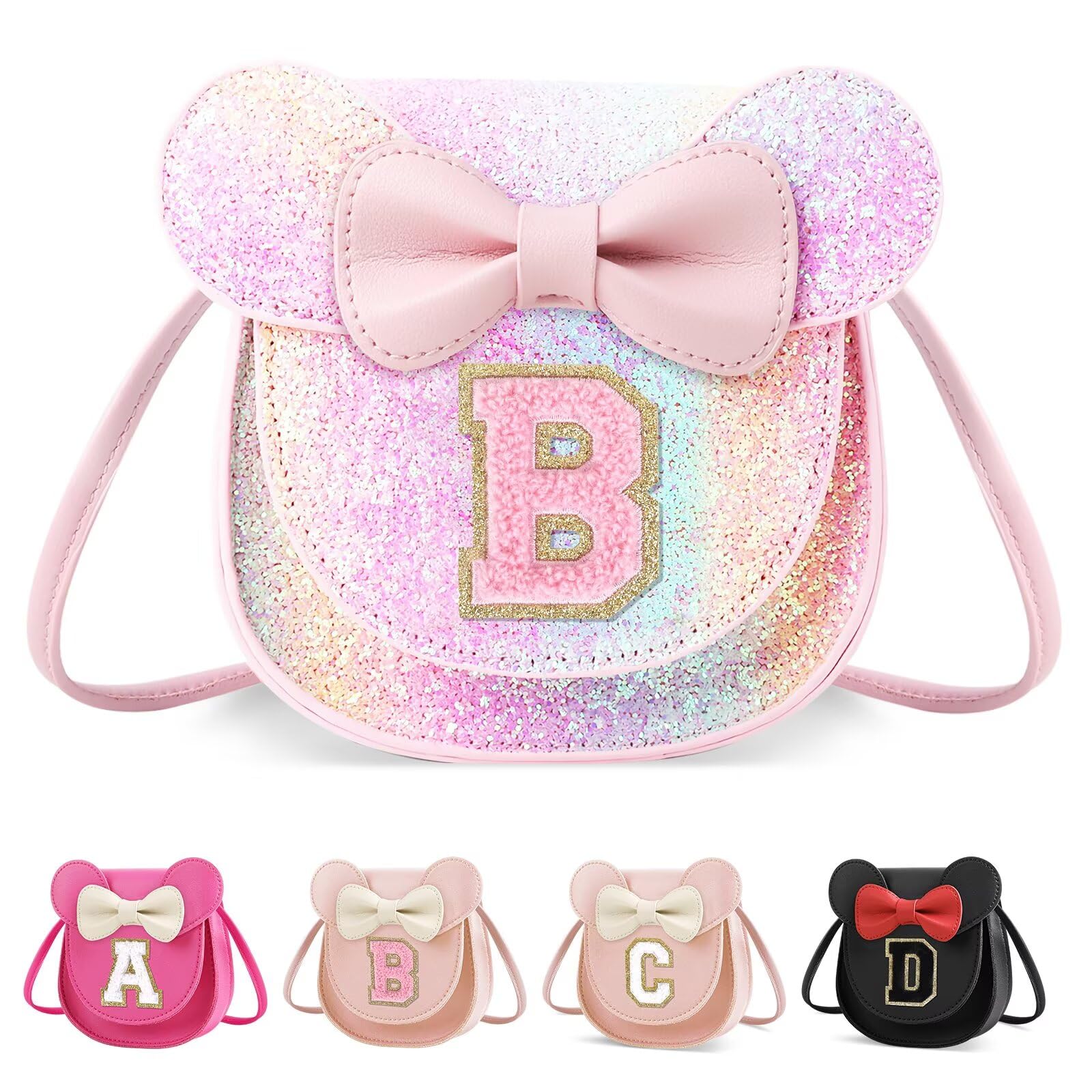 XSUIOY Toddler Purse Girl Wallet for Kids 2-9 Year Old Birthday Gifts,Cute Mouse Ear Bow Crossbody Shoulder Purses,Personalized Initial Purse Toddler