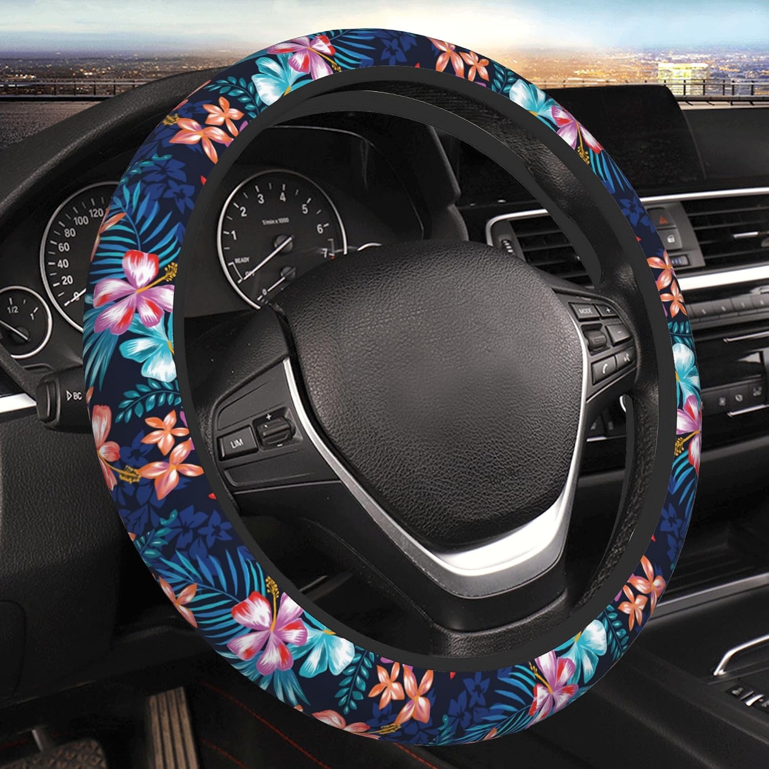 Hawaii Tropical Hibiscus Steering Wheel Cover for Women Gifts, Universal 14-15 Inch Steering Wheel Decoration for SUV Sedan Vans Trucks