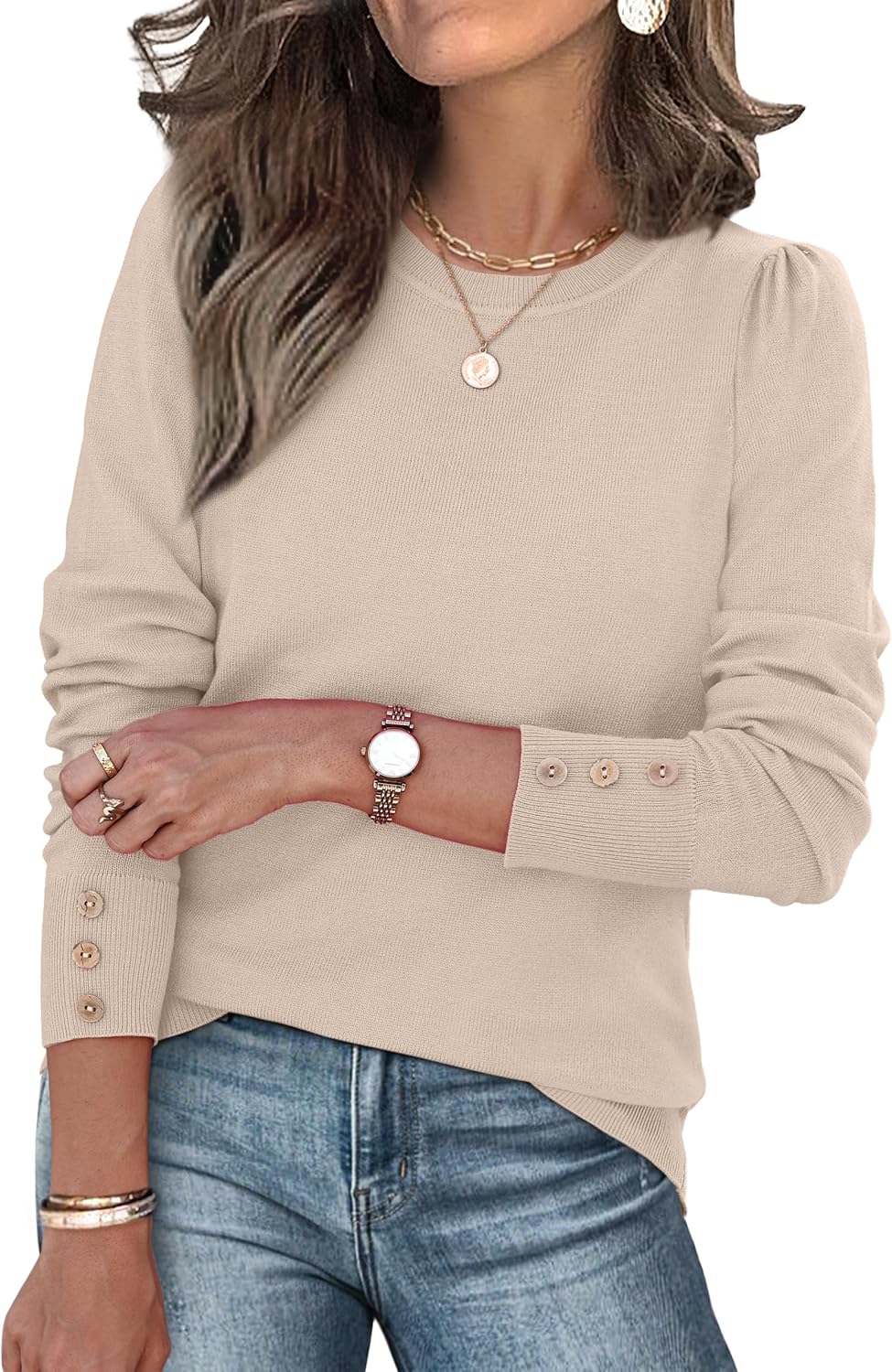 Womens Sweaters Fall Fashion 2025 Long Sleeve Button Cuff Soft Knit Pullover Trendy Tops Dressy Casual Blouses