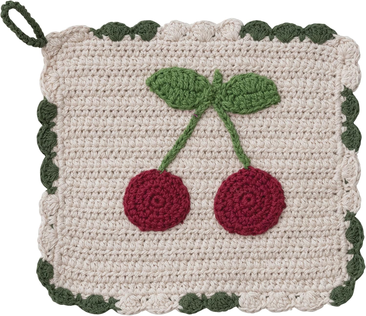 Creative Co-Op Cotton Crocheted Scalloped Pot Holder with Cherries, Multicolor