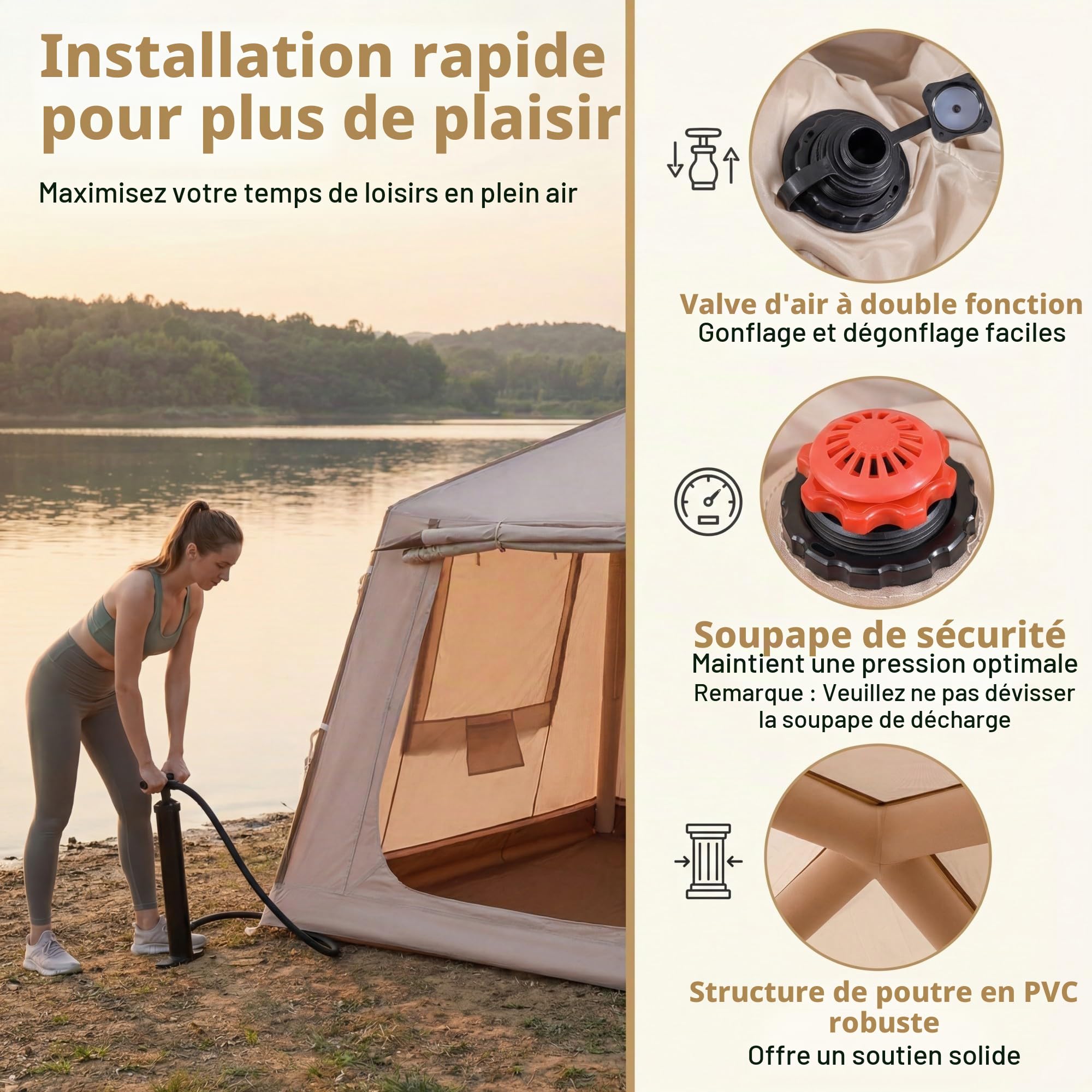 HOMASIS Tente de Camping Gonflable 2-4 Personnes avec Pompe, 206x206x180cm | Tente Familiale avec Porte, Fenêtres Moustiquaires, Piquets, Poteaux, Sac de Transport, pour Pique-Nique, Randonnée