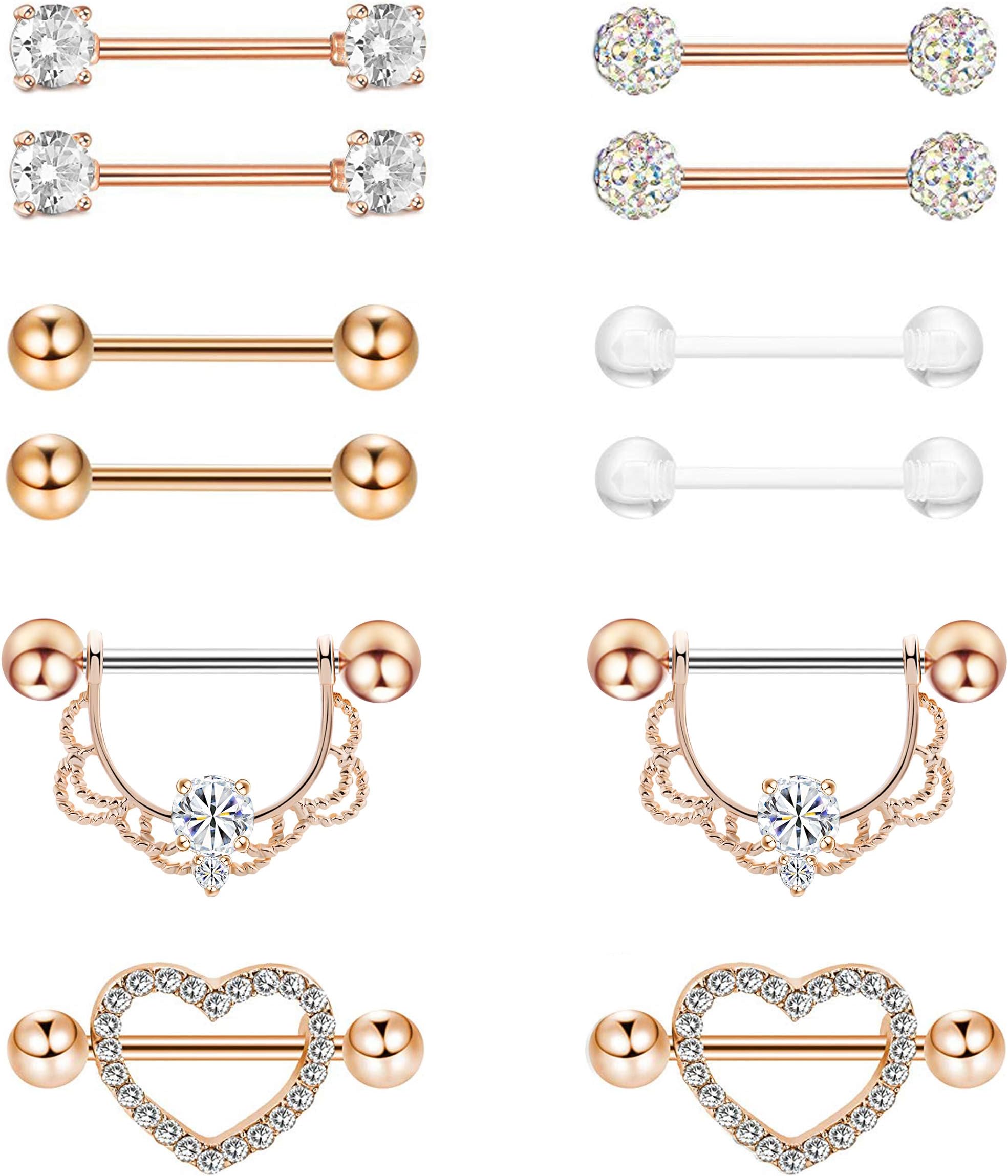 Masedy 6 Pairs 14G 316L Stainless Steel Nipplerings Nipple Tongue Rings Women Girls CZ Barbell Body Piercing Jewelry