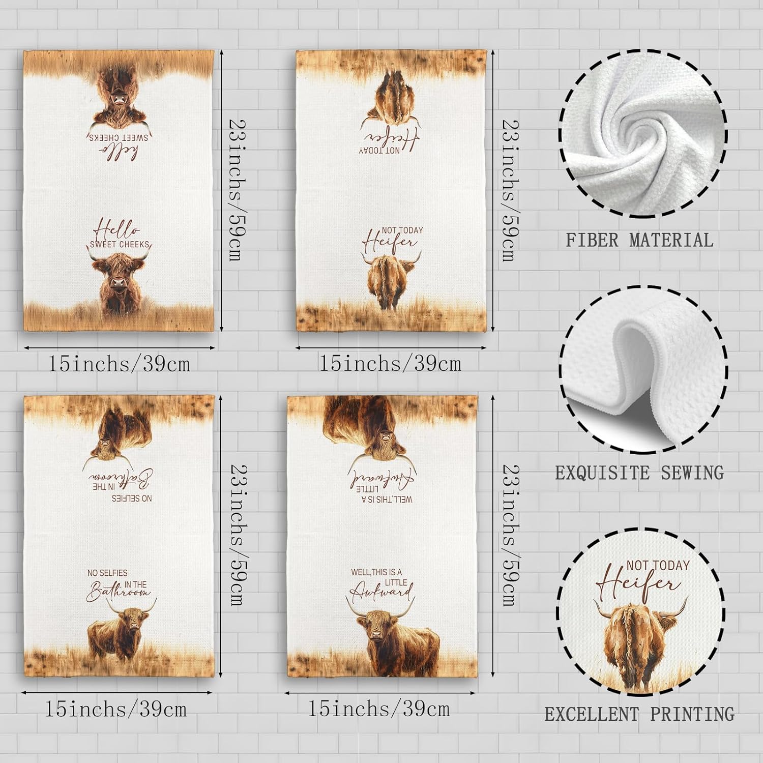 Hightland Western Cow Decor Bathroom Towels Set of 4, Farmhouse Hello Sweet Cheeks Hand Towel Decorative Set, Hightland Cow Lover Gifts Hand Tea Towels 16x24In Dish Cloths & Dish Towels