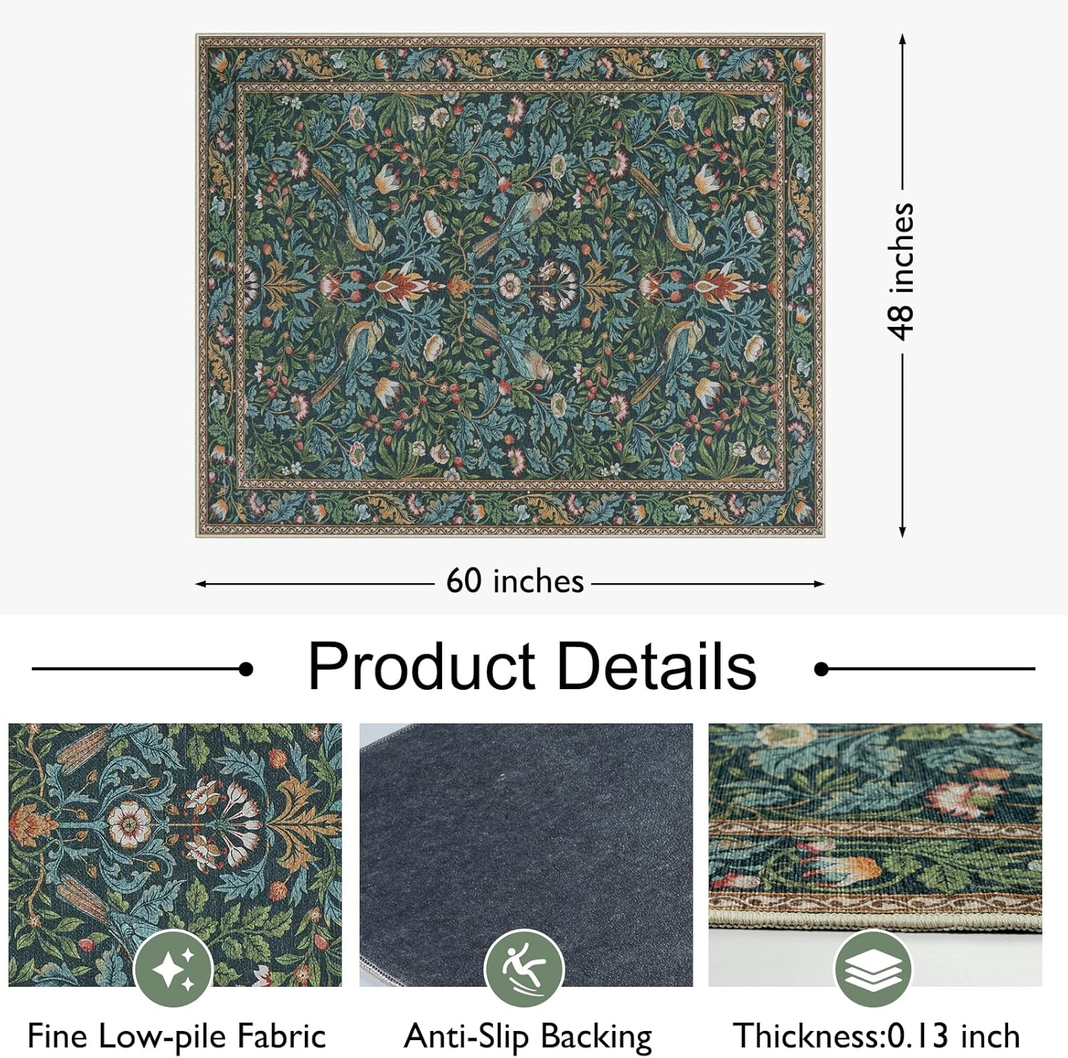 Anidaroel 48"x60" Office Chair Mat for Hardwood Floor, Anti-Slip Floor Mat for Office Chair, Vintage Floral Bird Desk Floor Mat, Low Plie Office Rugs for Rolling Chairs, Navy Blue