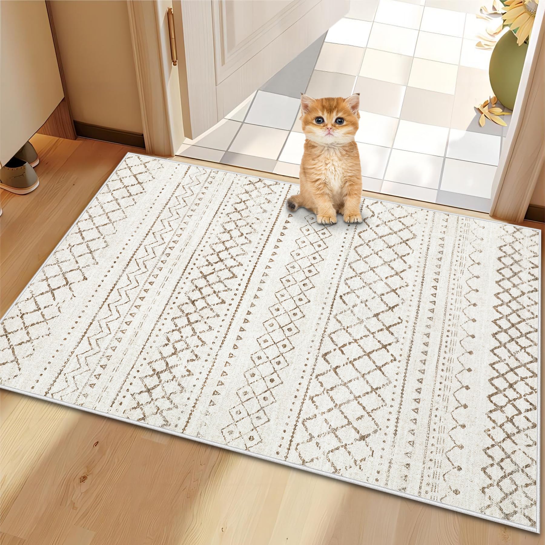 Geometric Boho Area Rug - 2x3 Entryway Rug Washable Indoor Door Mat, Soft Low-Pile Floor Carpet for Indoor Front Kitchen Bedroom Office (Brown,2' x 3') SIMILAR TO LOT PHOTO