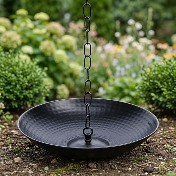 10.8 Inch Black Hammered Rain Chain Basin, Metal Anchoring Bowl for Rain Chain Downspouts, Rainwater Catcher for Outdoor Garden Patio Lawn, Decorative Gutter Water Feature